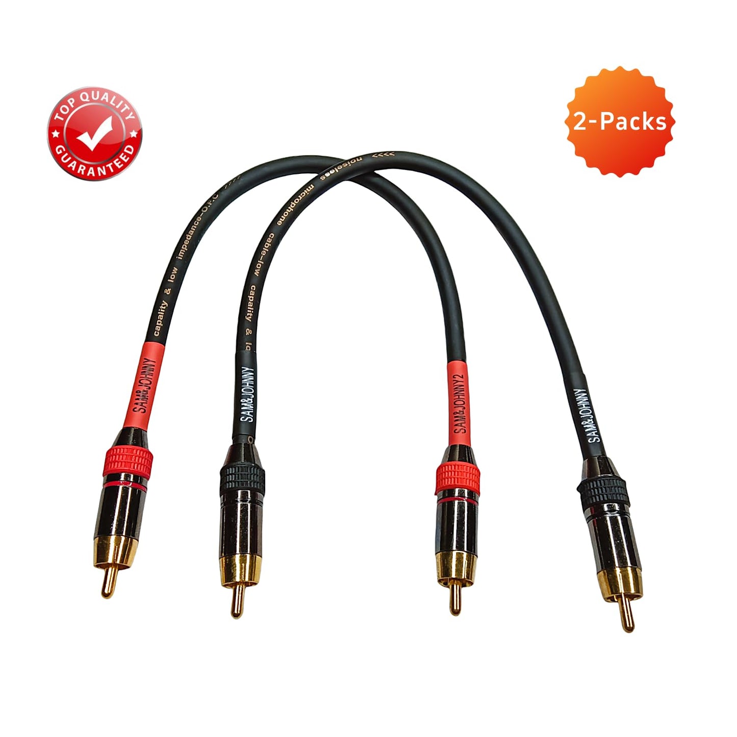 Sam&Johnny Short RCA Audio Cables 1 Foot 2-Pack - OFC Copper Double Shielded Gold Plated Male to Male Patch Cables for Home Theater Amplifier Speakers