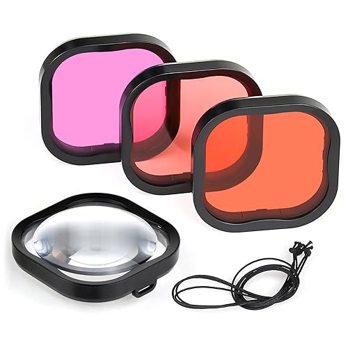 GEPULY 4 Pack Underwater Dive Filters for GoPro Hero 8 9 10 11 12 13 Black Official Waterproof Housing Case in Red, Light Red, Magenta, and 5X
