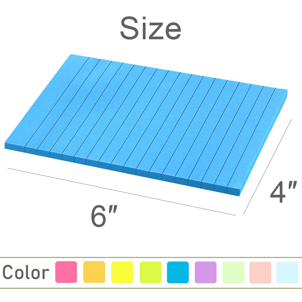 Lined Sticky Notes 4X6 in Pastel Ruled Post Stickies Colorful Super Sticking Memo Pads, 45 Sheets/pad, 6 Pads/Pack