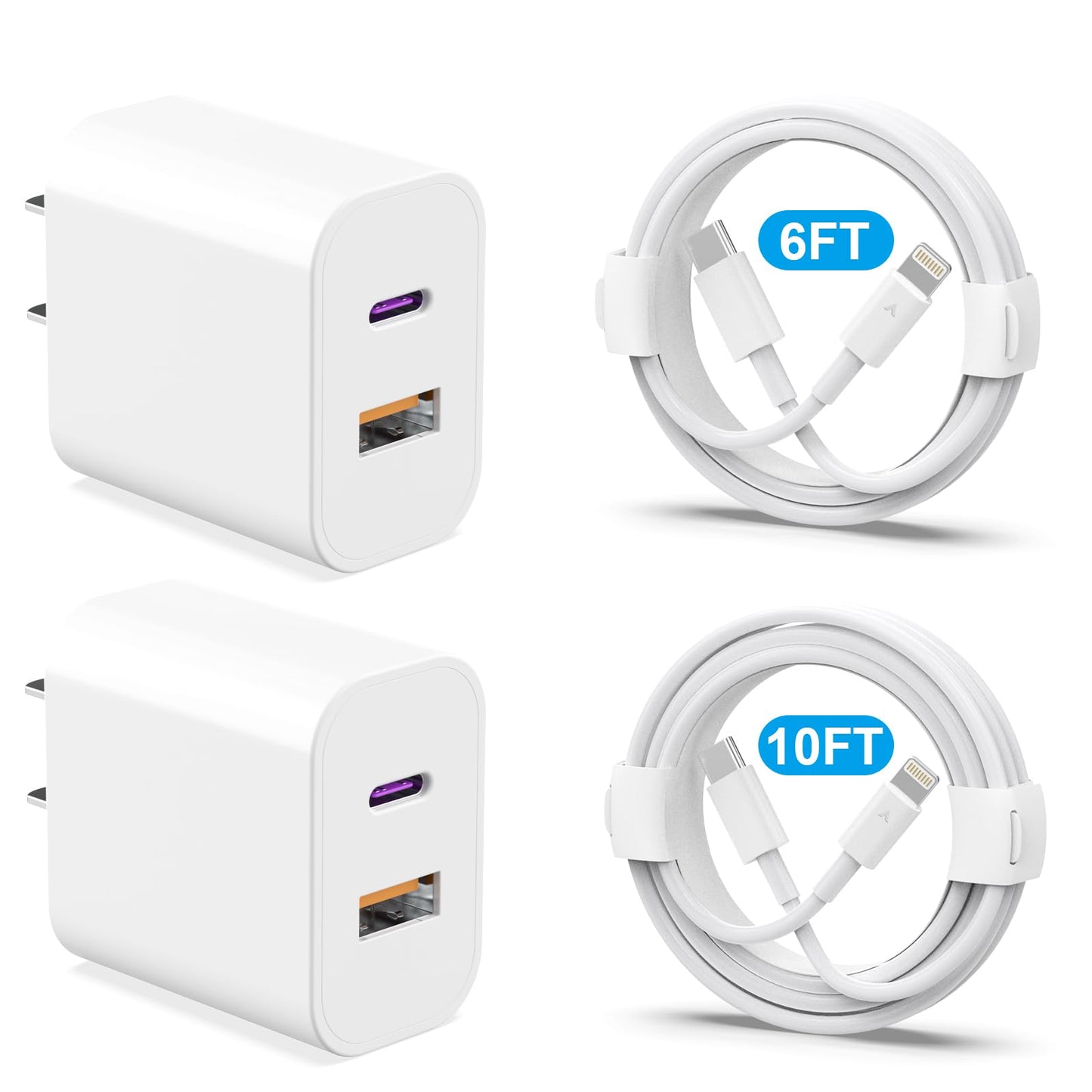 20W Dual Port Fast Charger Block 2-Pack with 6FT & 10FT MFi-Certified Cables, PD/QC3.0 Quick Charge Adapter for iPhone 14/13/12/11 Pro Max/XS/XR/X