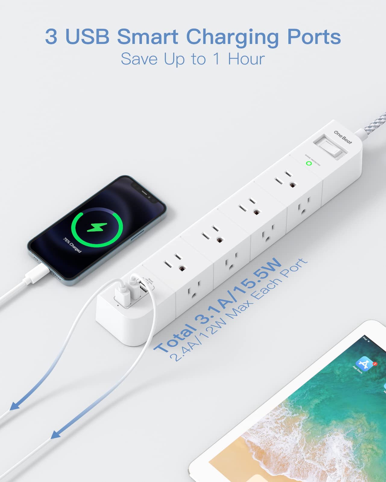 One Beat 10 ft Extension Cord,Power Strip Surge Protector 8 Widely AC Outlets 3 USB,Flat Plug,Desktop Charging Station with Overload Protection,Wall