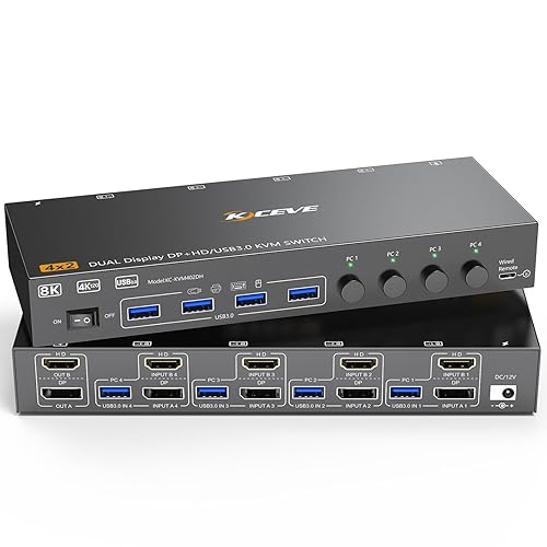 HDMI+Displayport KVM Switch 2 Monitors 4 Computers 8K@60Hz 4K@144Hz, Dual Monitor KVM Switch for 4 PC Share 2 Monitors and 4 USB3.0 Devices, with 4