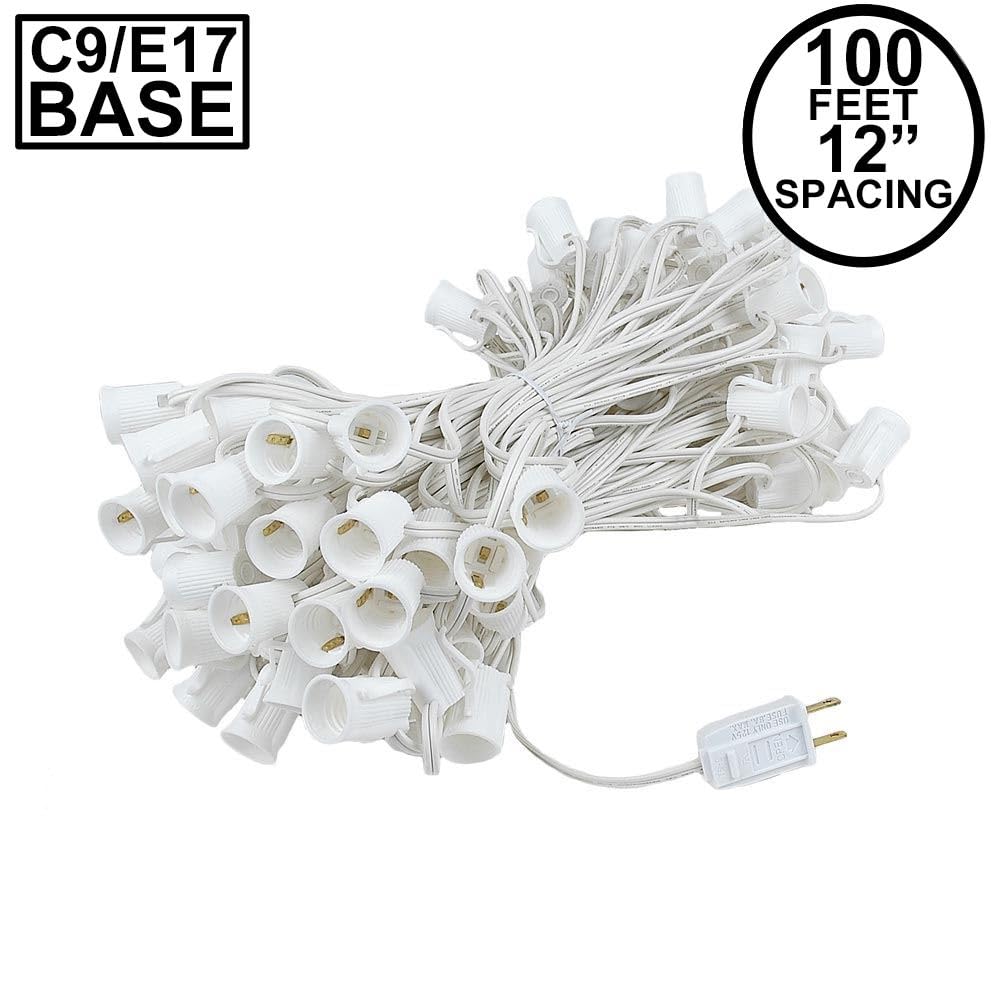 Novelty Lights 100 Foot C9 Outdoor String Light Christmas Stringer - Patio String Lights - Intermediate Base (C9/E17) - 12" Spacing - White Wire