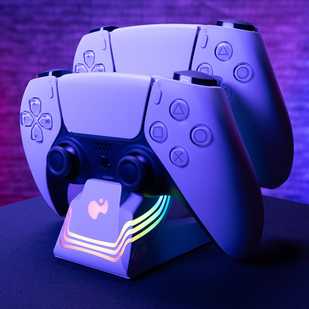 PDP Afterglow Wave LED Dual Gaming Charger for 2 PlayStation 5 DualSense Controllers, Compatible with PS5 and PS4, Customizable RGB Lighting Effects