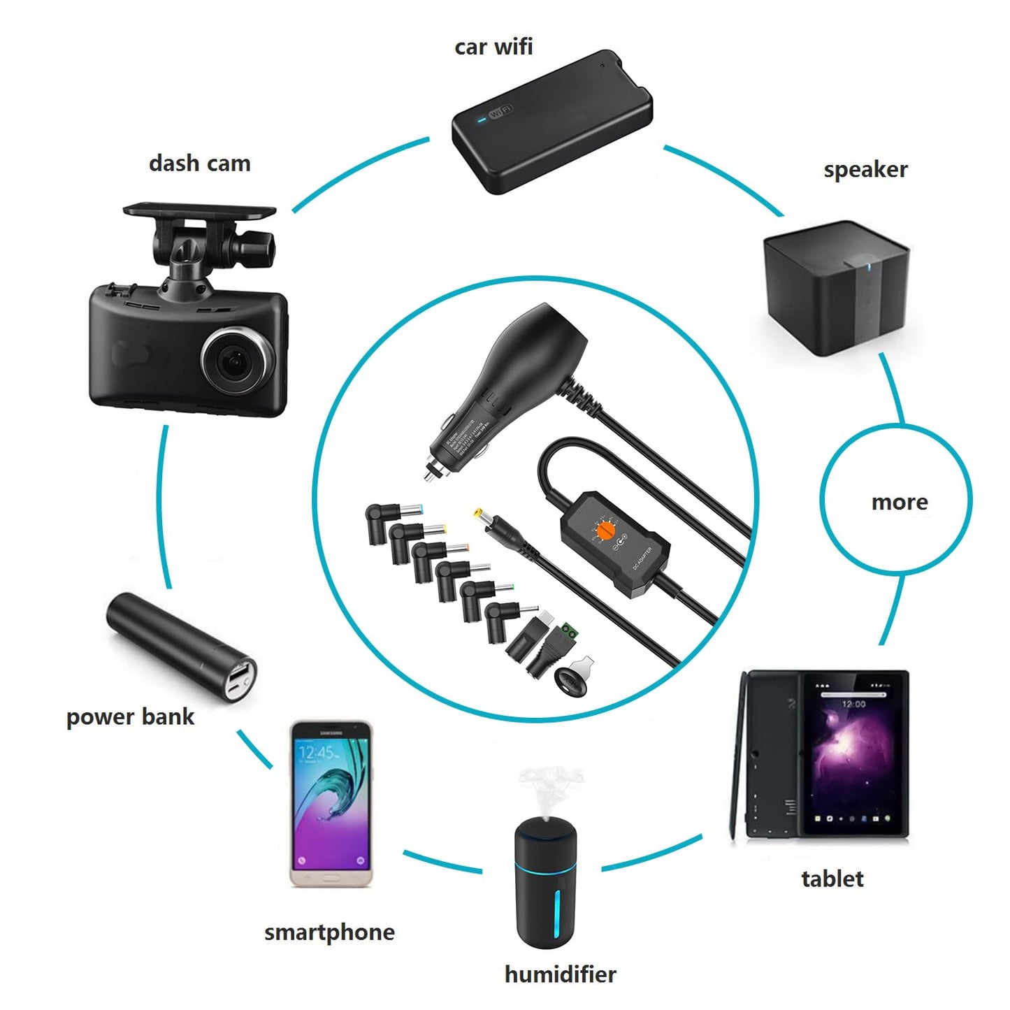 Powseed 34W 3V 4.5V 5V 6V 7.5V 9V 12V DC Car Charger with 10 Tips and USB Cigarette Lighter Adapter Power Supply Cord for Portable DVD Player Dash cam
