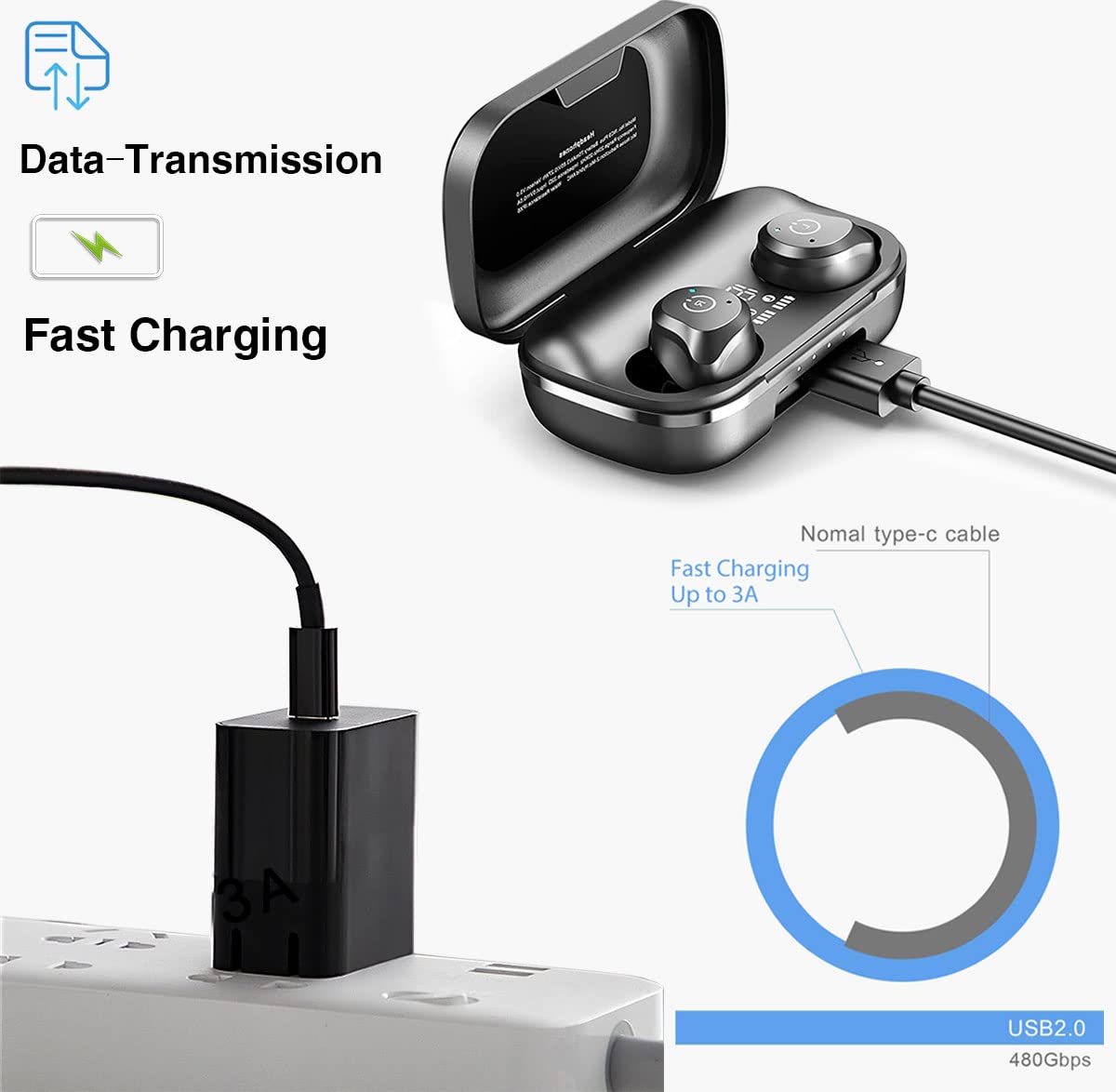 Charger TOZO earphone Cable Compatible for TOZO T10, T12, T12 Pro, T9, T9s, A1, A2, A3, NC9 Pro, NC2, NC7, G1, G1S, W1 W3 W8 PB2, Golden X1 Earbuds