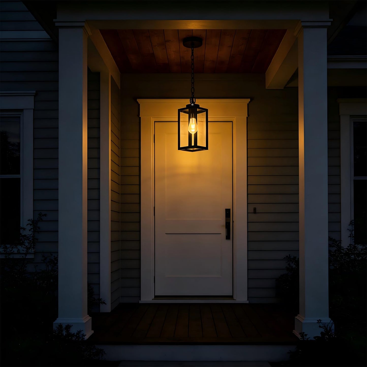 EIKESN 13" Dusk to Dawn Outdoor Pendant Light,Exterior Outside Chandelier Hanging Lantern Light, Matte Black with Clear Glass for Front Door,Porch