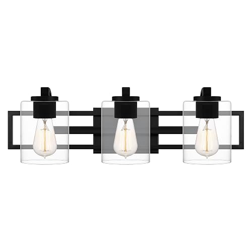 Quoizel Lansdowne Modern Bath Vanity Lights, 24 Inch 3-Light Matte Black Lighting Fixtures Over Mirror, Clear Glass Shade, 100W, Decorative Wall Light