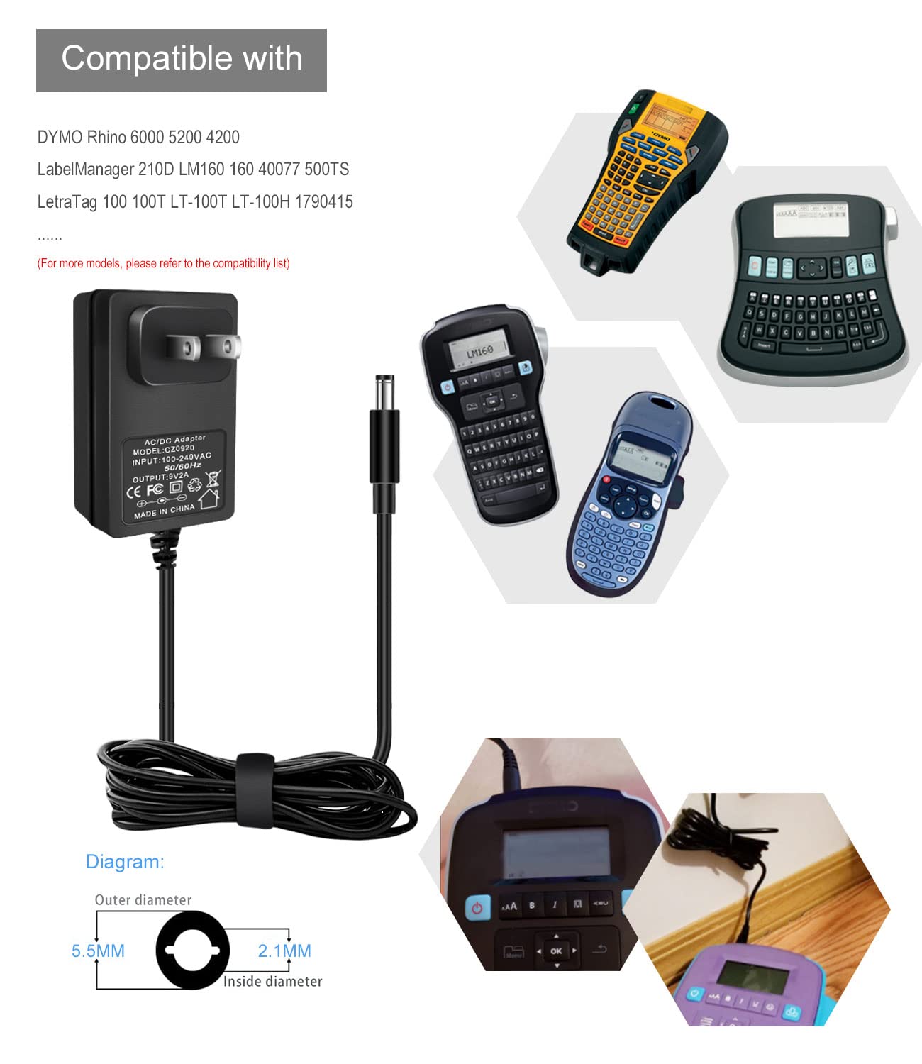 9V 2A Power Supply Cord fit for DYMO LabelManager LM-160 500TS 100 150 220P 350 LM210D LM-200, Rhino 6000 5200 4200 Handheld Label Maker Printer…