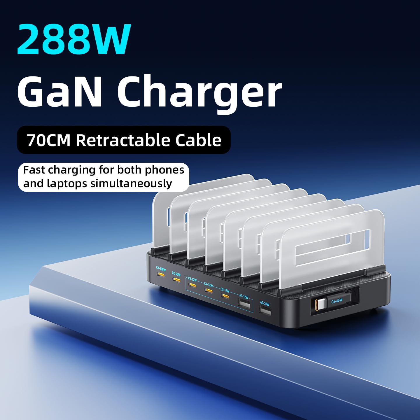 JINNOVA 288W GaN 8-Port USB Charging Station, Retractable Cable with Cooling Fan & Detachable Organizer for MacBook, iPhone, iPad, Samsung, Laptop