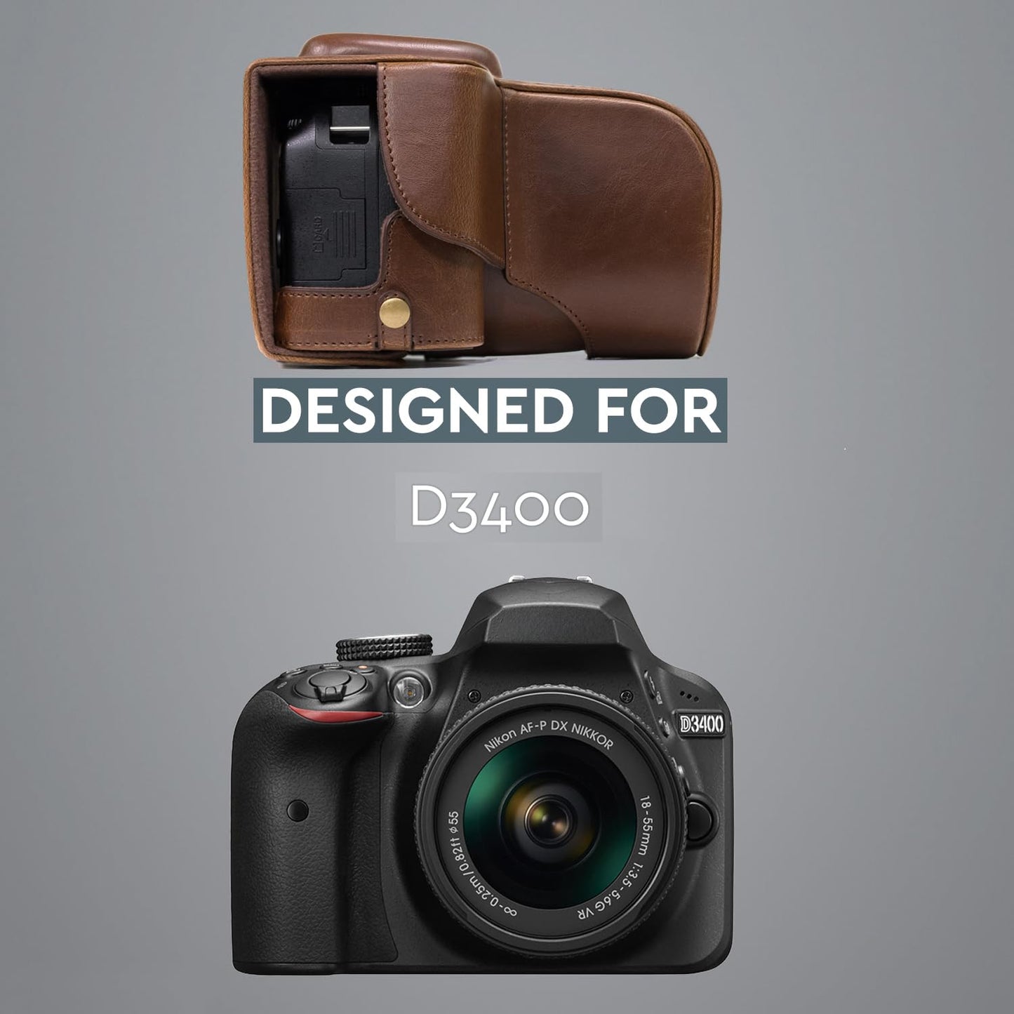 MegaGear Nikon D3400 Ever Ready Leather Camera Case and Strap, with Battery Access - Dark Brown - MG857