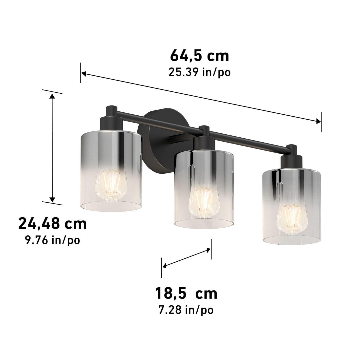 artika Modern Bathroom Vanity Light, 3-Light Sconce - Black Glass, Steel - VAN3-HZ-BL (25.4 x 7.3 x 9.8 in)