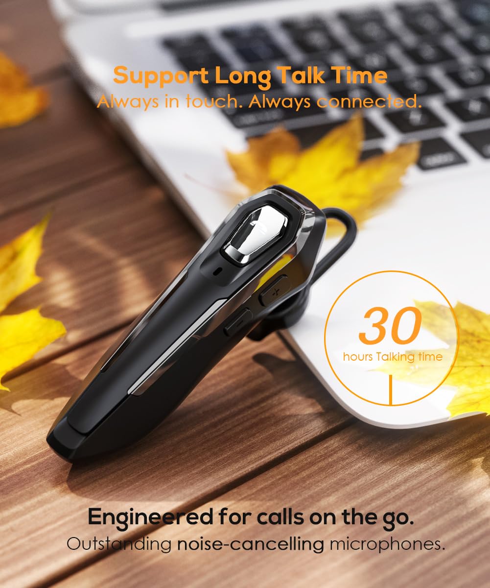 Single Ear Bluetooth Headset V5.4 Noise Canceling Microphone, Bluetooth Earpiece, 36Hrs Talk Time, Hands-Free Wireless Headset