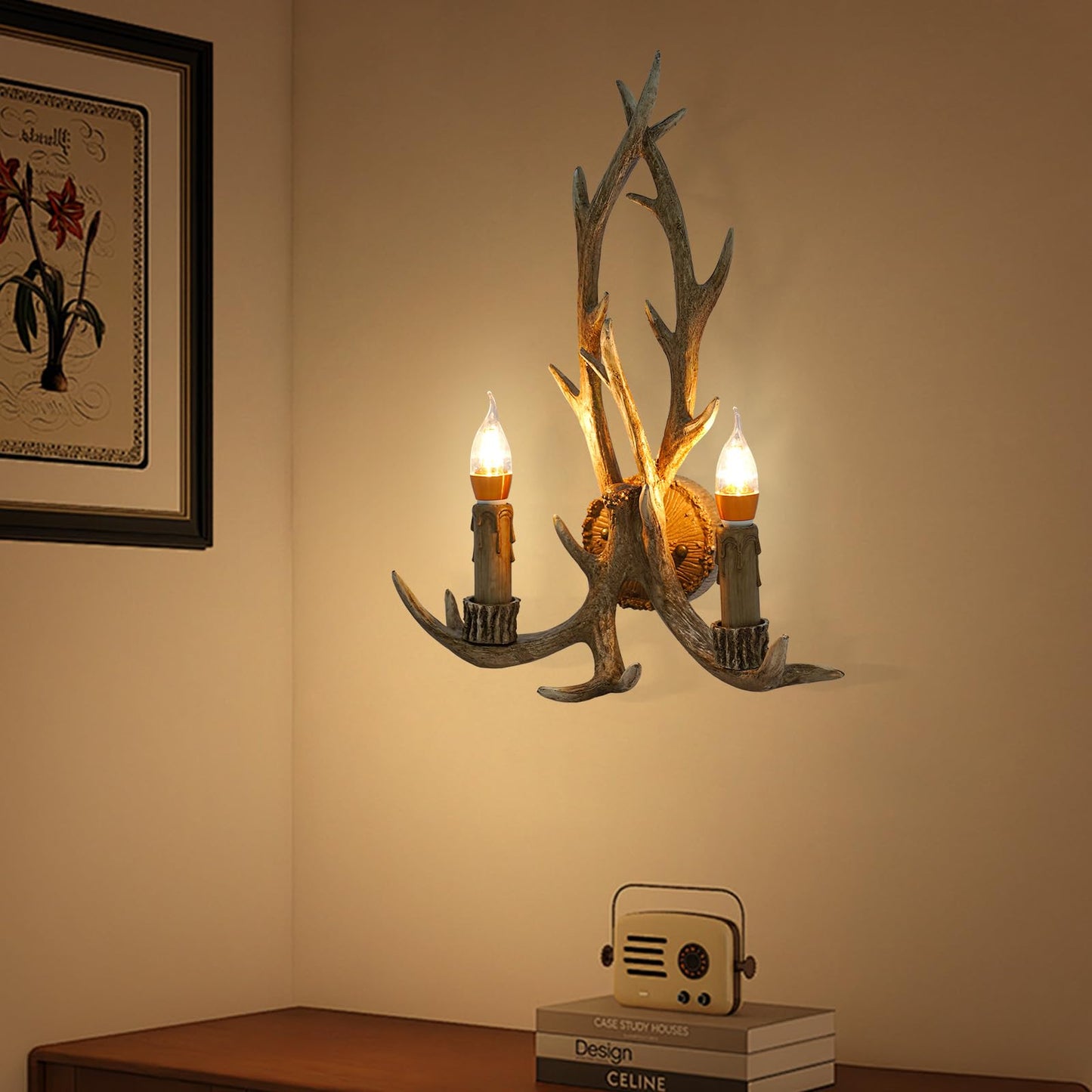 Mahugde Vintage Deer Antler Wall Light 110V Farmhouse Candle Light Rustic Country Style Farmhouse Wall Light with E14 Base for Bedroom Bathroom