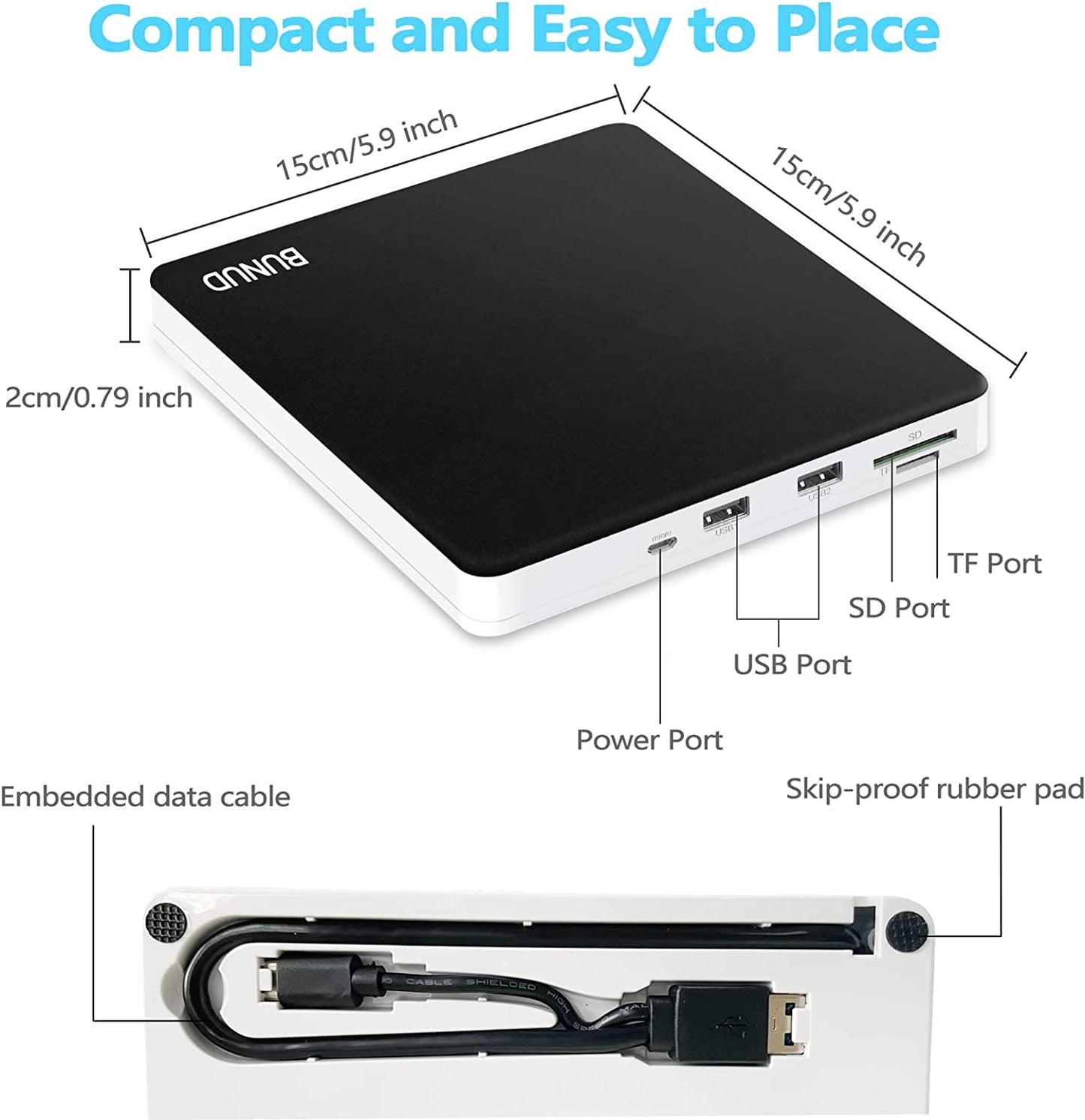 BUNUD External DVD Burner USB-C: Portable DVD External Drive for Apple Superdrive with 2 USB and TF/SD Slots - Plug & Play CD Drive External for Mac