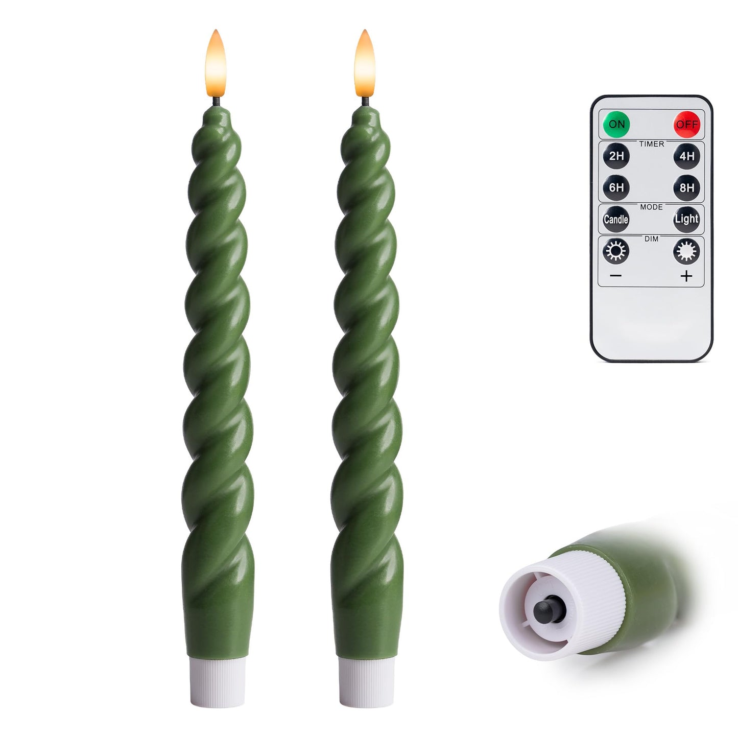 West Ivory Full Twisted Spiral Flameless LED Taper Candles - Loden Green, Set of 2 - 2/4/6/8-Hr Timer (24-Hr Memory), Remote, Dimmable, Bottom On/Off