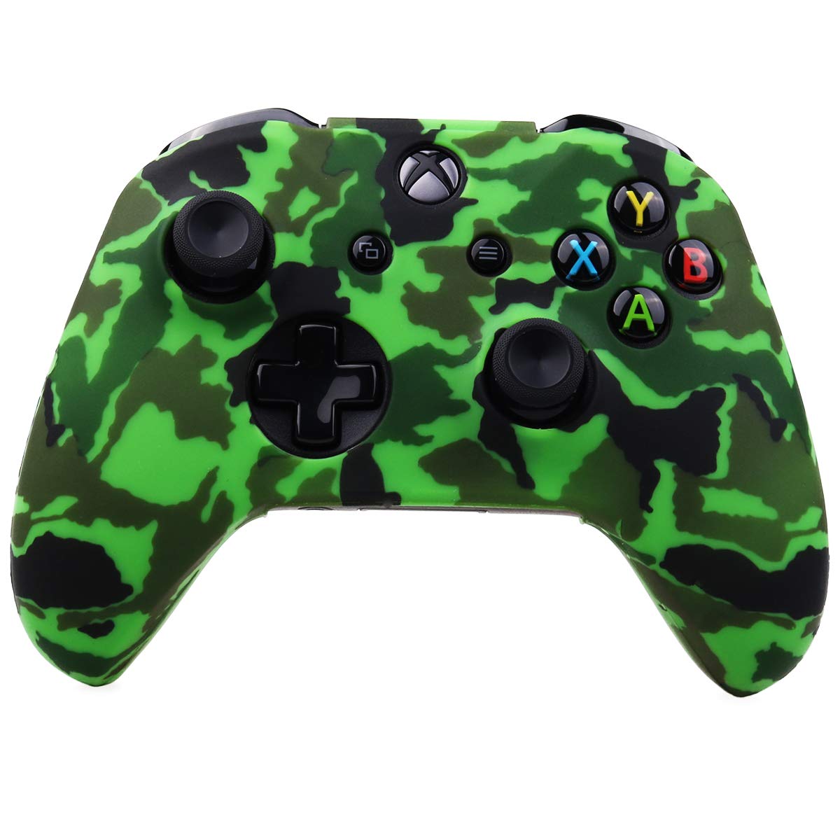 YoRHa Water Transfer Printing Camouflage Silicone Cover Skin Case for Microsoft Xbox One X & Xbox One S Controller x 1(Green) with PRO Thumb Grips x 8