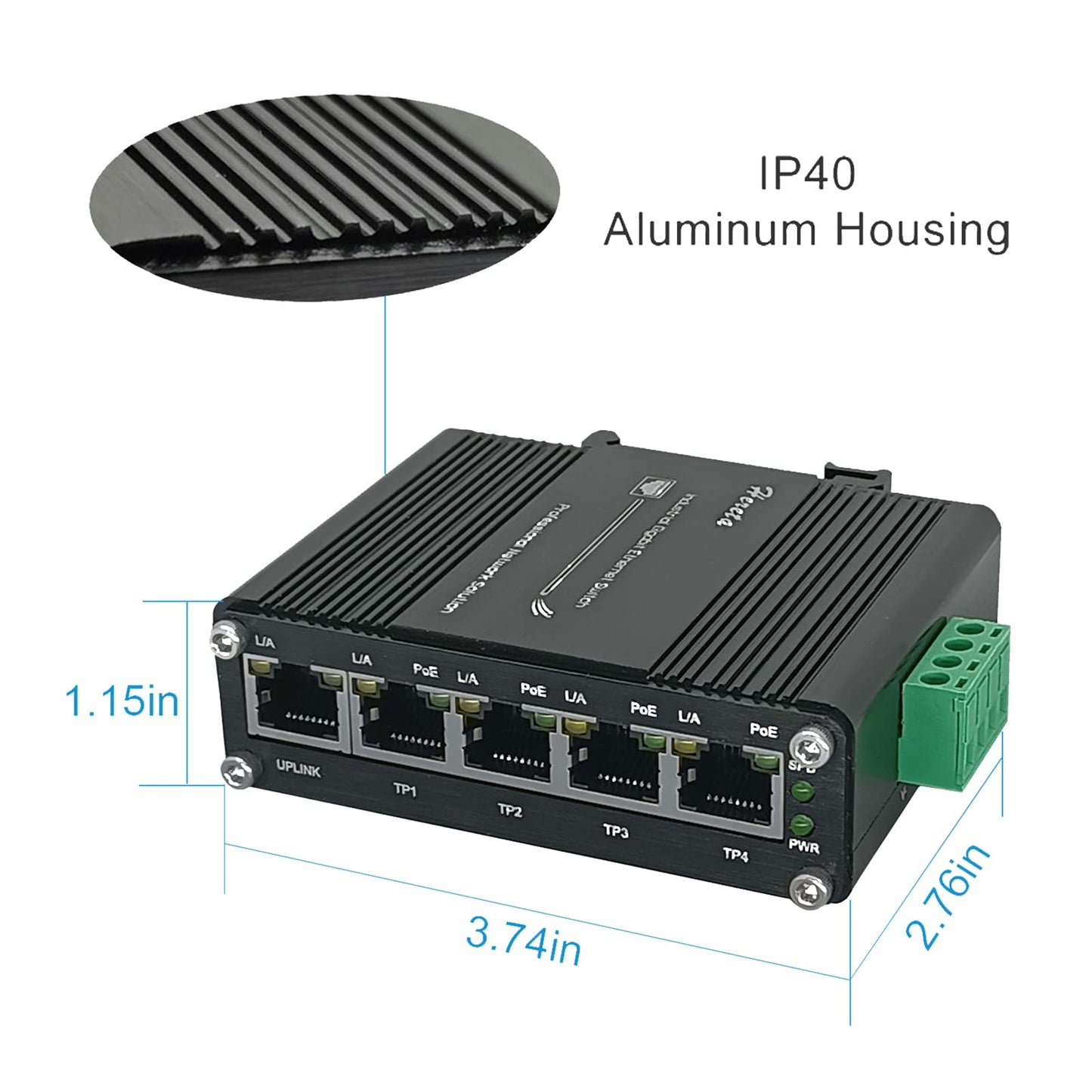 Industrial Gigabit Ethernet PoE+ Switch 5-Port 10/100/1000BASE-T Auto-MDI/MDI-X Half/Full Duplex Compact 30W PoE+ Ethernet Switch 12~48VDC Wide Range