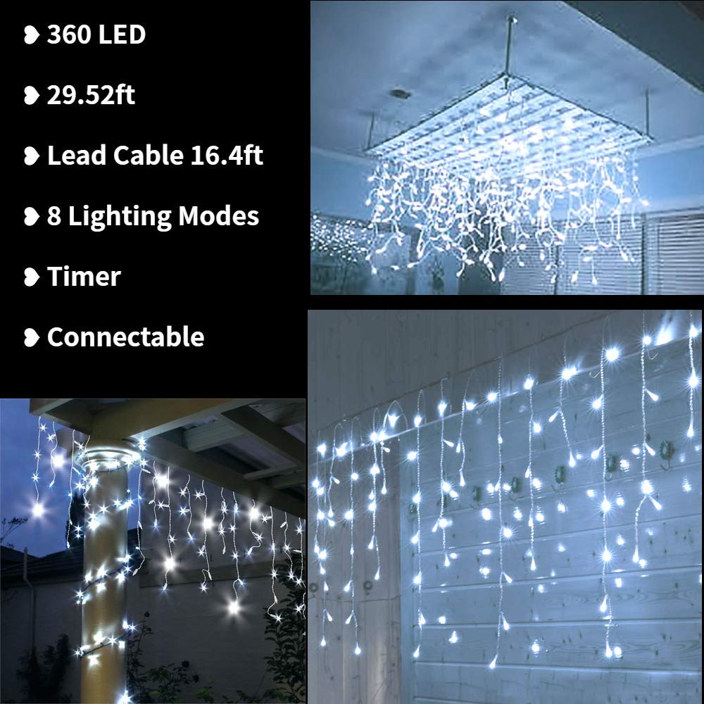 Toodour Christmas Icicle Lights Outdoor, 360 LED 29.5ft 8 Modes Fairy Icicle String Light with 60 Drops, Led Christmas Lights Twinkle for Holiday