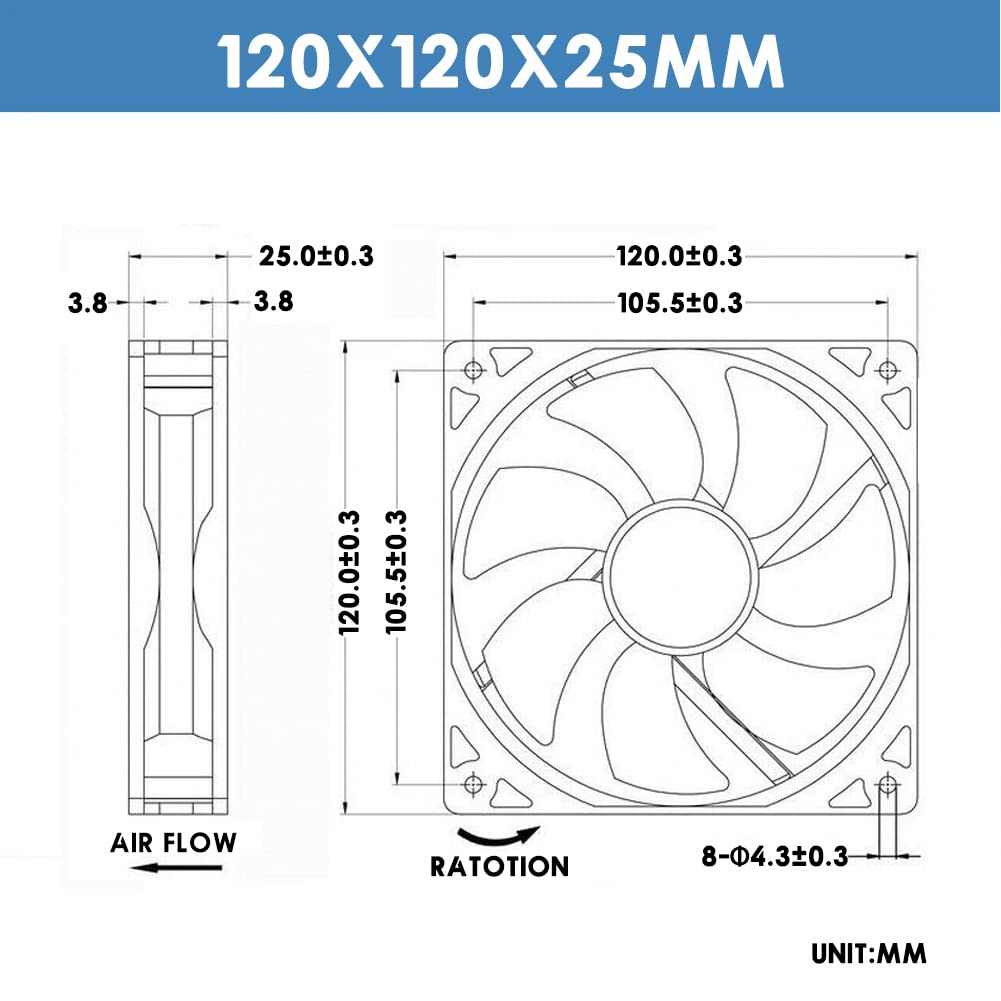 WINSINN 120mm Fan 5V Brushless 12025 120x25mm for Cooling PC Computer Case CPU Coolers Radiators - 2Pin