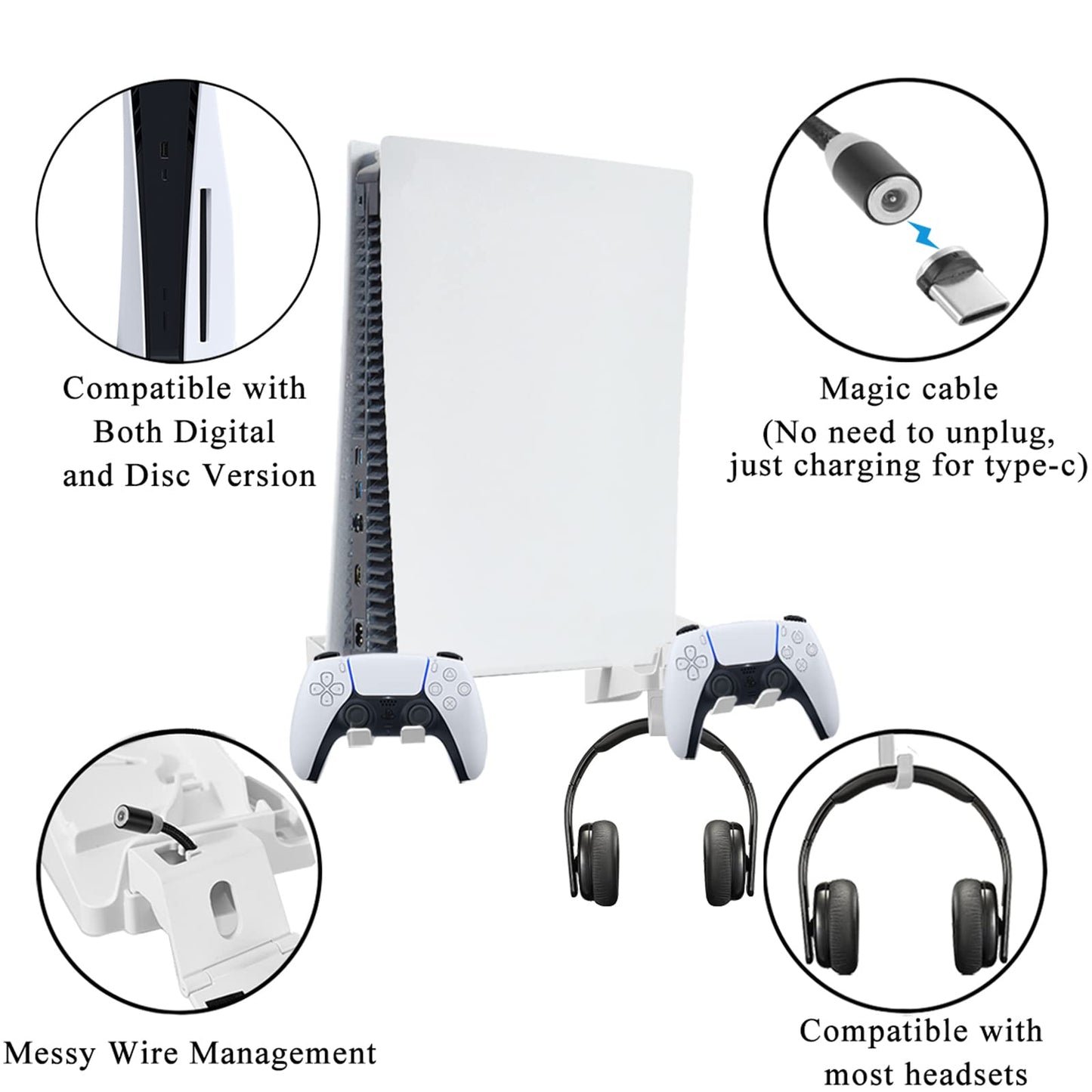 Wabracket Wall Mount Kits for PS5, 6 in 1 Sturdy Wall Mount Brackect Holder for PS5, Compatiable with Both Digital and Disc Version, with Detachable