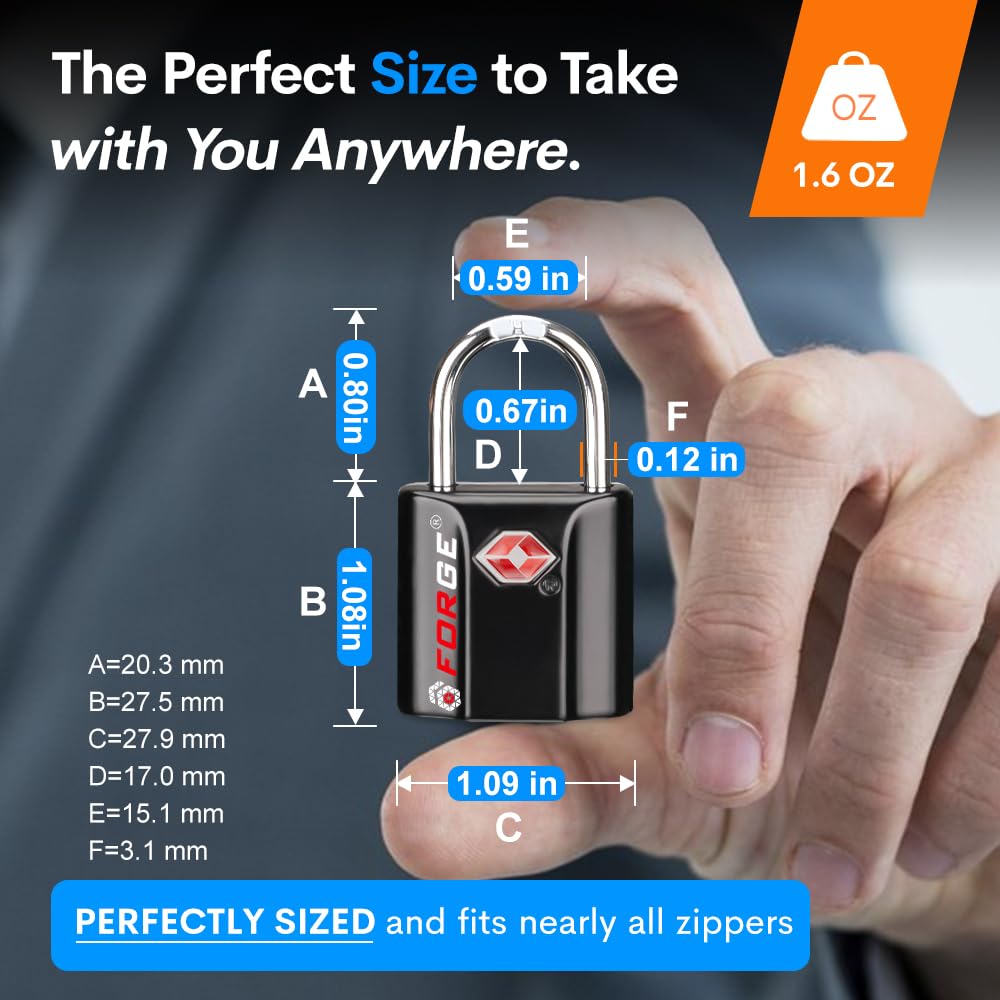 Forge TSA Approved Luggage Locks – 2 Pack Ultra Secure Dimple Key Locks, 1" Wide x 1.8" Tall Alloy Body Travel Padlocks (Black)