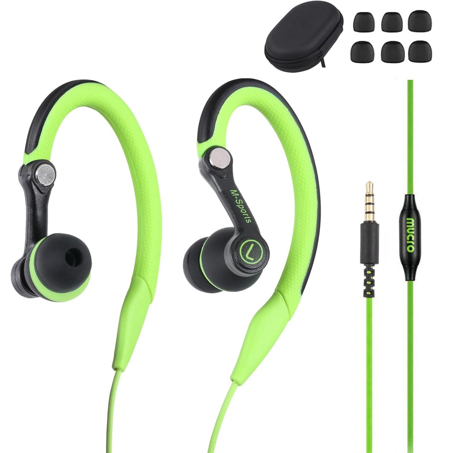 mucro Sport Headphones Wired Running Earphones with Earhook (3.5mm, Green)