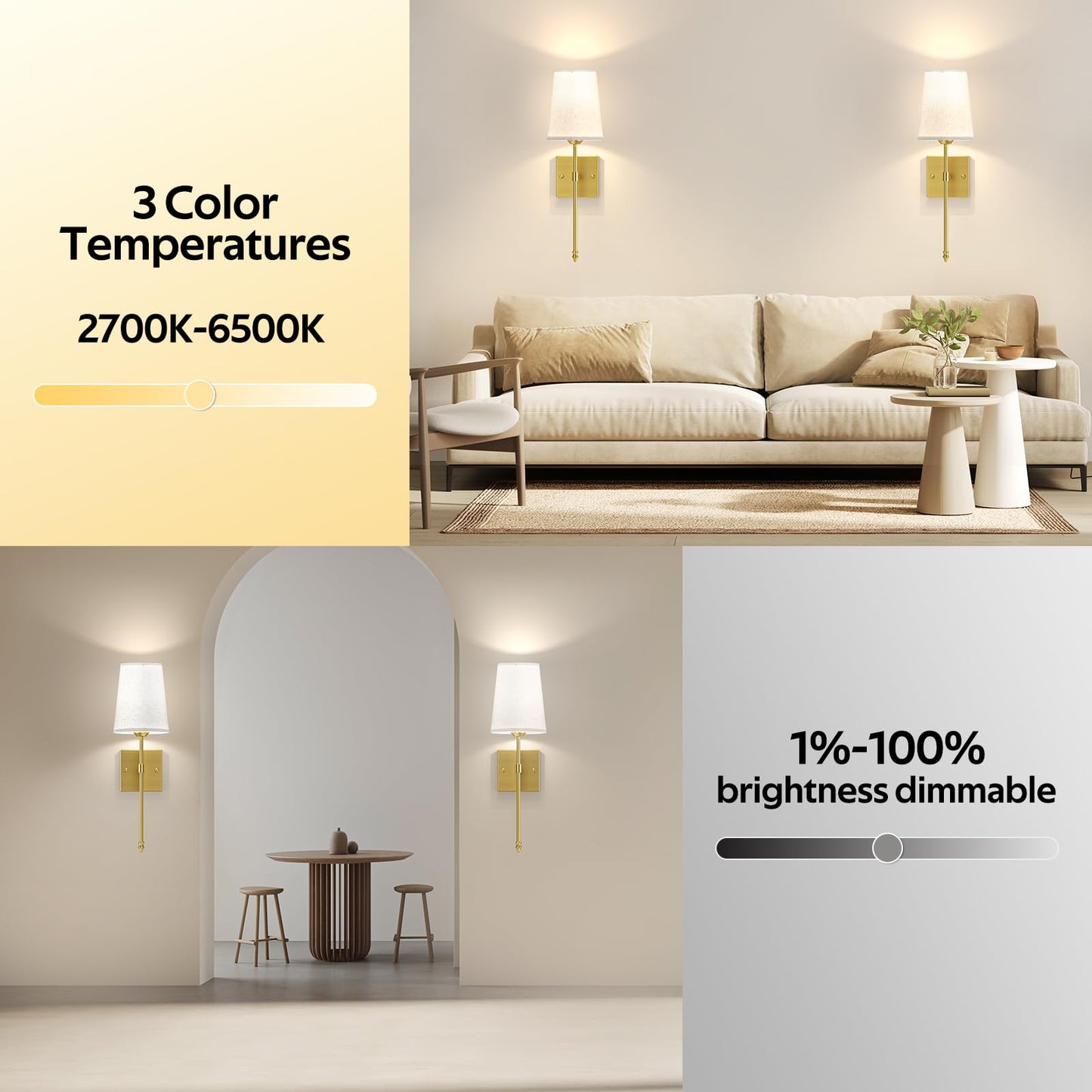 Battery Operated Wall Sconce Set of 2, Gold Rechargeable Dimmable RGB Wireless Wall Sconce with Remote, 5000mAh Indoor Wall Lamp Lights 15 Colors