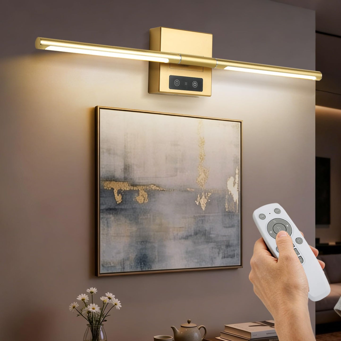REXTiN Picture Lights Rechargeable for Wall: Battery Operated Wall Sconces Wireless Art Lighting for Painting Canvas Gallery 360° Rotatable Detachable