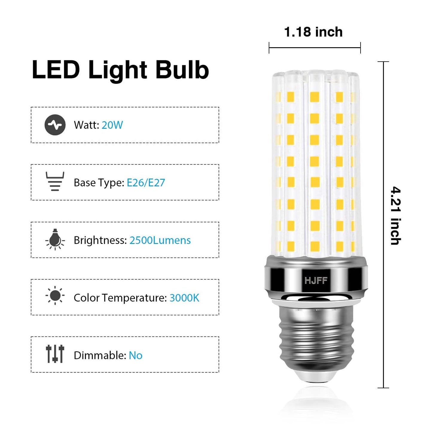 HJFF LED Corn Light Bulb 4pcs 200w Equivalent 2500 Lumen 3000K Cool Daylight White 20W E26/E27 Base Non-dimmable Ceiling Fan Led Light Bulb for Home