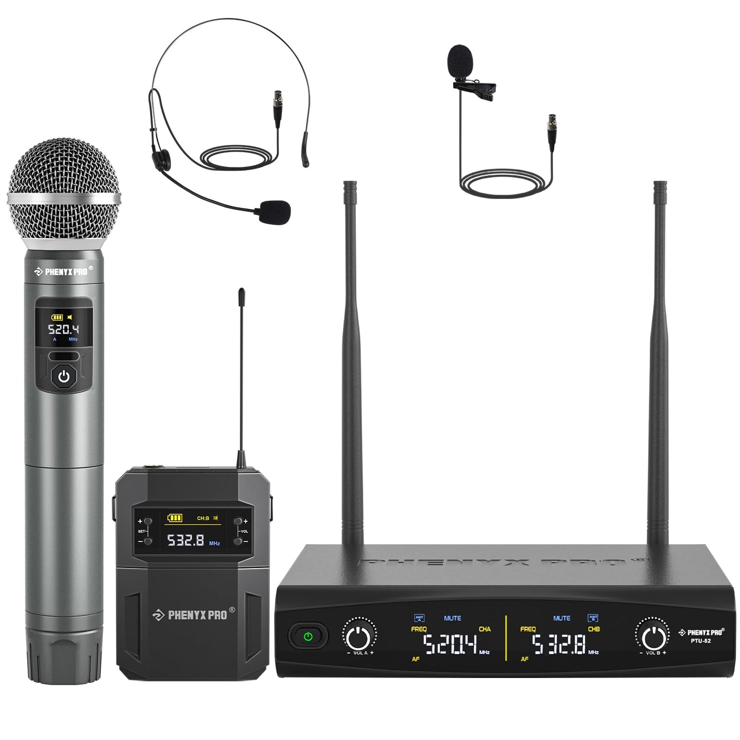 Phenyx Pro Wireless Microphone System,Metal Wireless Mic Set w/Handheld/Bodypack/Headset/Lapel Mics,2 x 30 UHF Frequencies, 200 ft Range, Cordless Mic