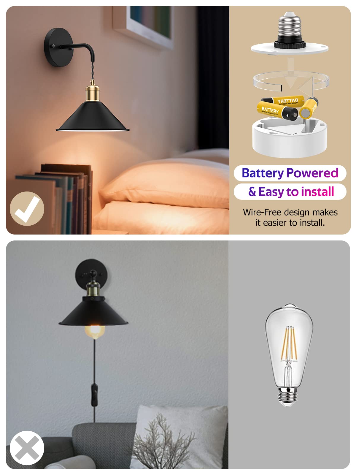 Tivkight Battery Operated Wall Sconce, Wireless Wall Lights Set of 2, 13 RGB Colors Dimmable Battery Powered Wall Lamp with Remote Memory Function