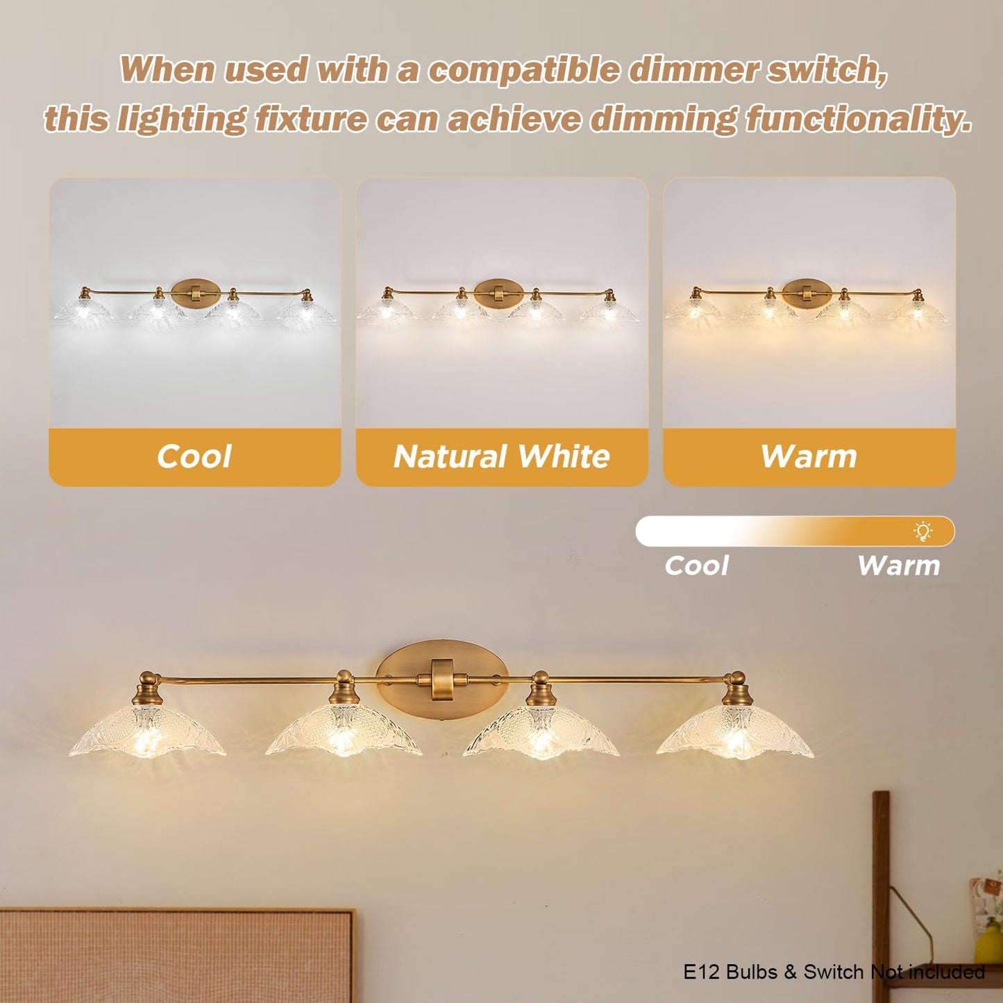 JSDKIUT Vintage Bathroom Mirror Light?Vanity Light?Vintage Bathroom Vanity Light Fixture 4-Light-A Brass