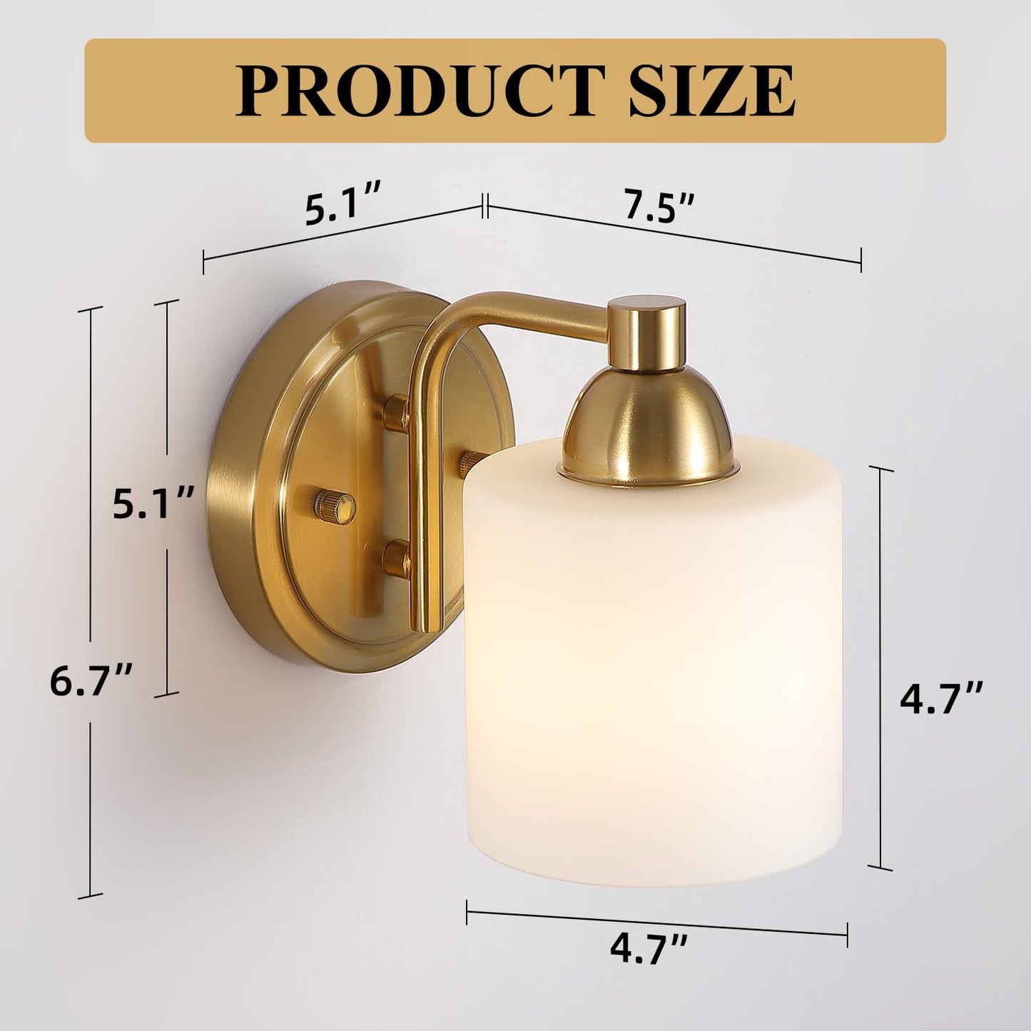 Mecgirn Gold Milk Glass Wall Sconces, 1 Pack Hardwired Indoor Wall Light Fixtures for Living Room, Hallway, Bedroom, Ceramic E26 Sockets (Bulbs Not