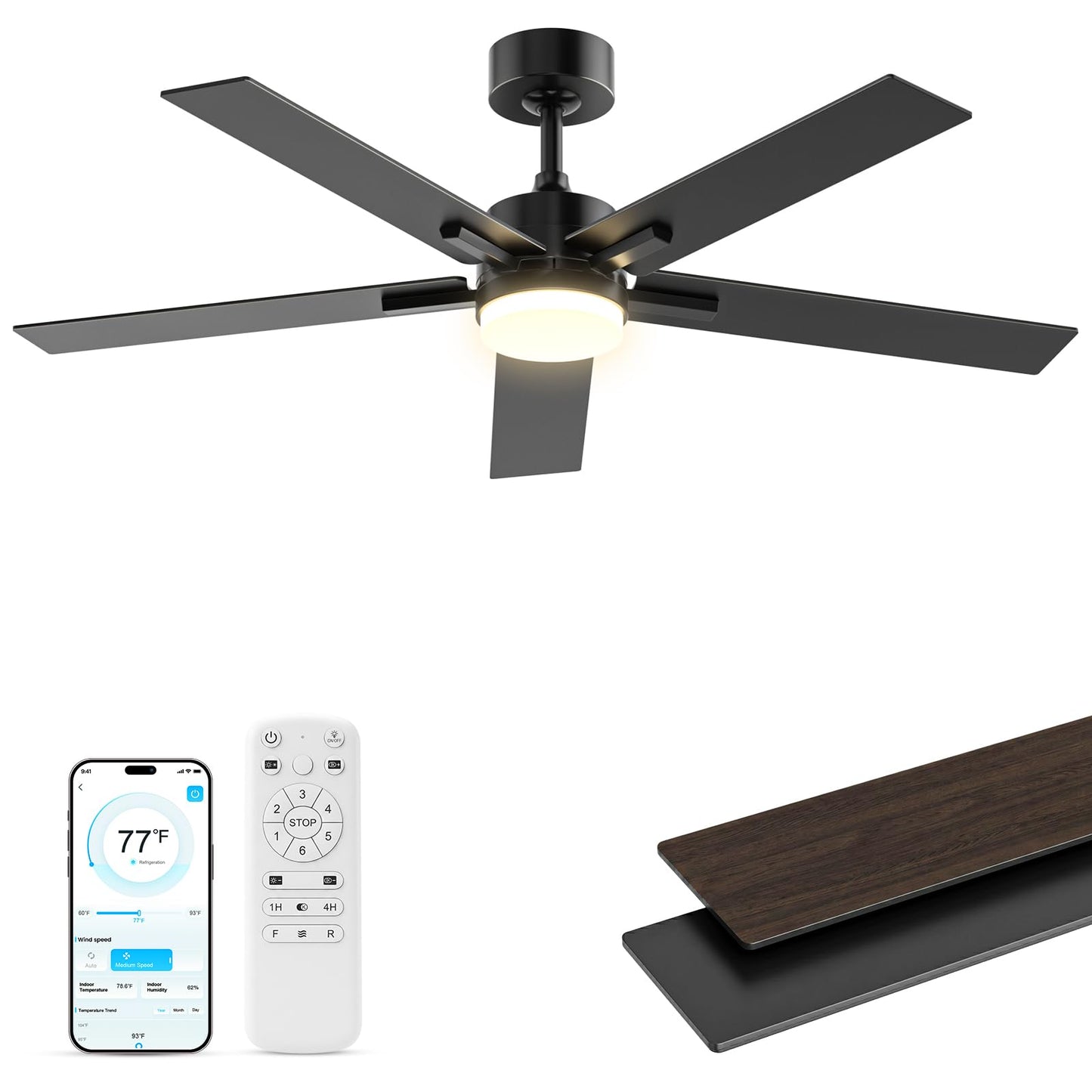 Obabala Ceiling Fan with Light 52 Inch, DC Motor Ceiling Fan with Remote and APP Control, Dimmable LED Color Changing, Reversible Quiet Fan