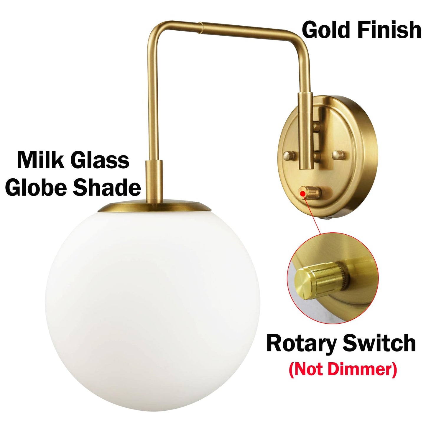DAYCENT Gold Plug in Wall Sconce with Milk Glass Shade Globe Sconces Wall Lighting Modern 1-Light Brass Swing Arm Wall Light Fixture for Hallway