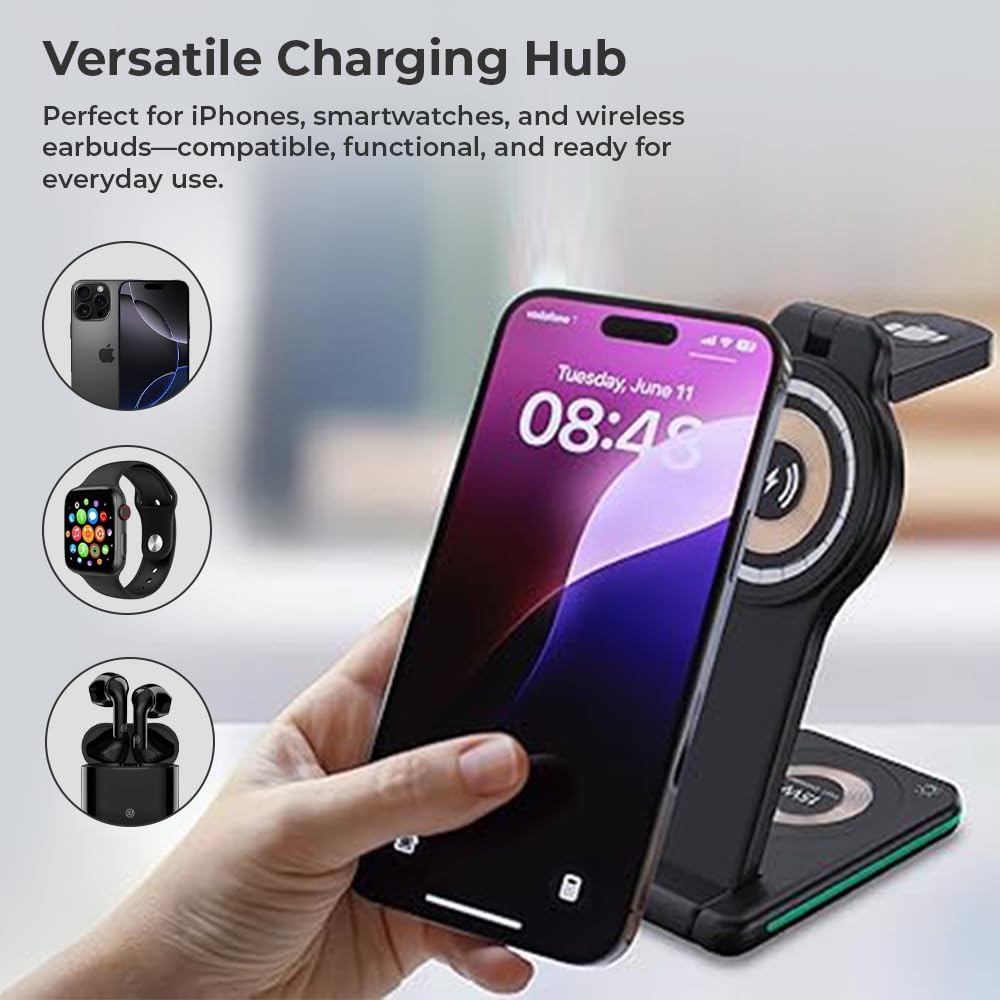 OTM Essentials 3-in-1 Wireless Charger, Fast Charging Station for iPhone, Smartwatch, and Wireless Earbuds, Portable Power Bank, Sleek, Space-Saving