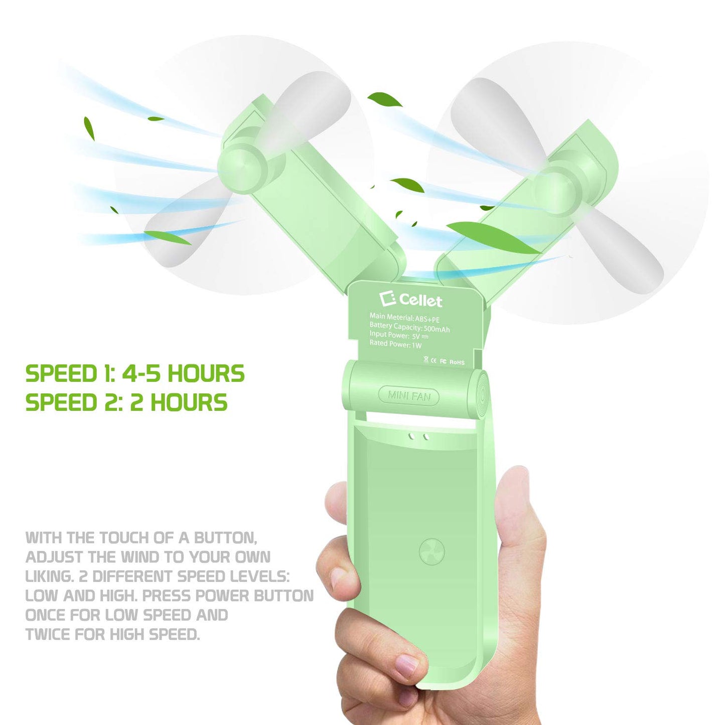 Cellet Foldable Portable Handheld Mini Fans Two Speed Air Cooling USB Rechargeable (Green)