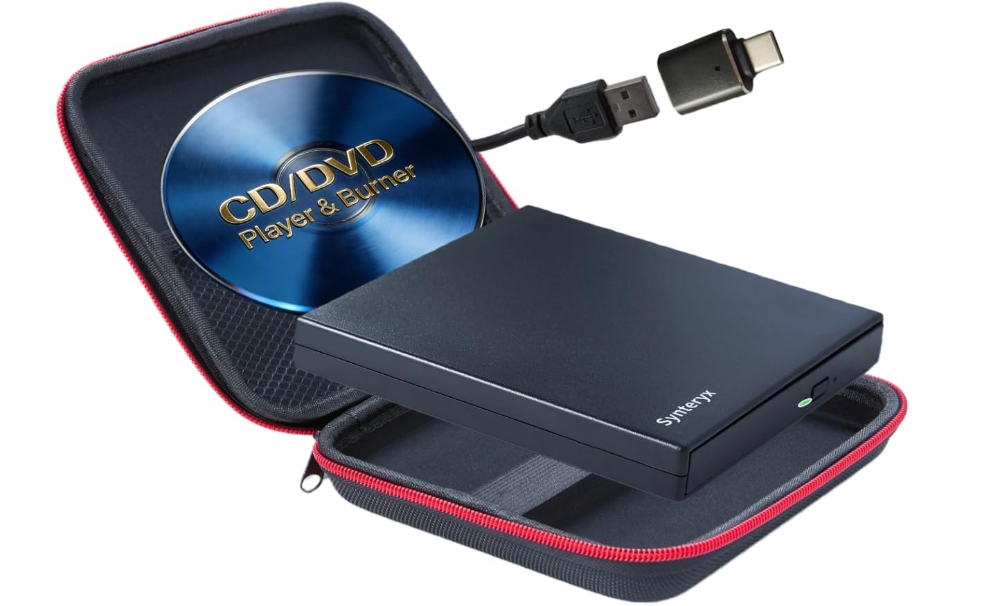 Synteryx External CD DVD Drive USB and Type-C, Portable Slim CD/DVD +/-RW Burner Reader Writer Player for Laptop Desktop PC Mac Windows Linux OS Apple