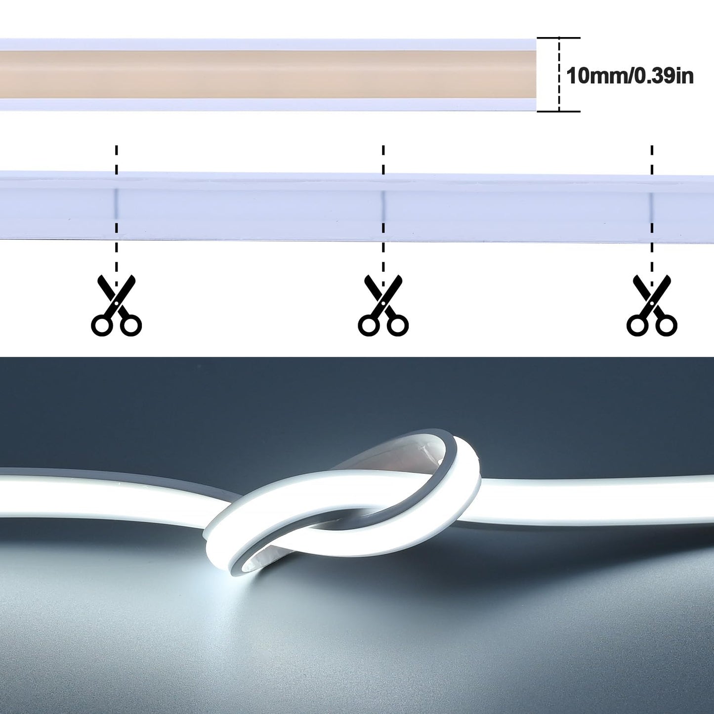 GOMING 24V 16.4ft/5M Neon COB LED Strip Light Cool White 6000K IP67 Waterproof 1560LEDs 11W/M CRI 93+ 4100lm Uniform Glow Flexible Self-Adhesive LED