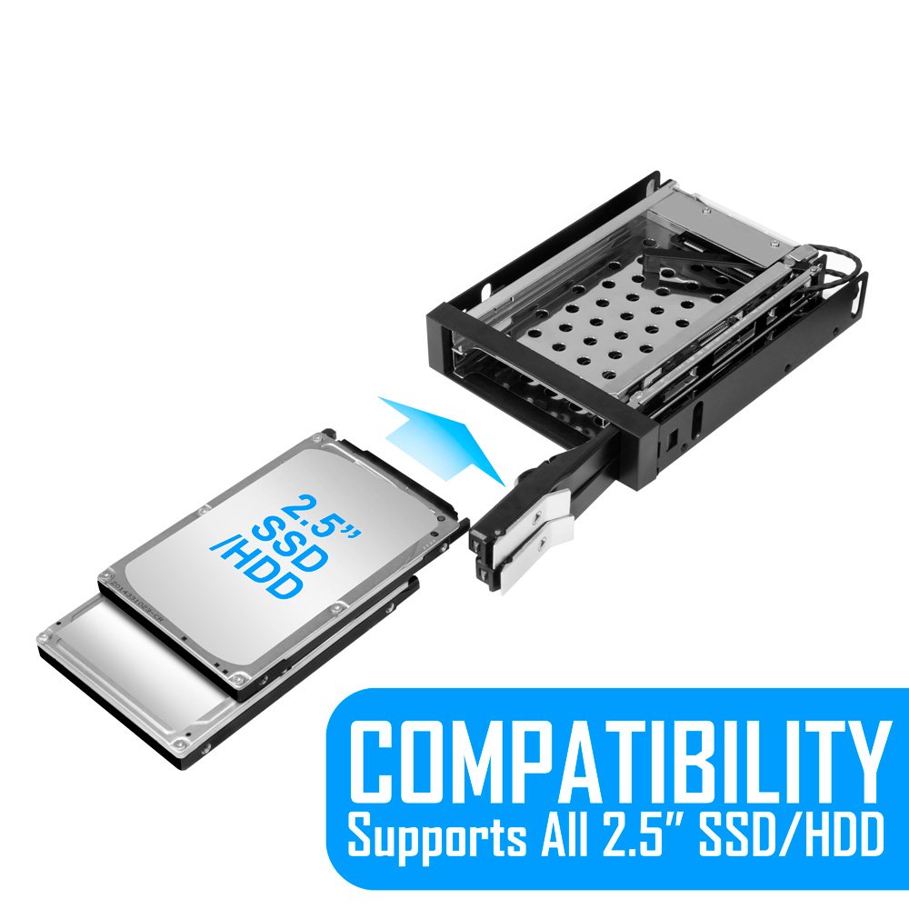 Kingwin Tray-Less Hot Swap Mobile Rack Cage for Dual 2.5" SSD/HDD. Hard Drive Backplane Enclosure, Supports SATA I/II/III & SAS I/II 6 Gbps