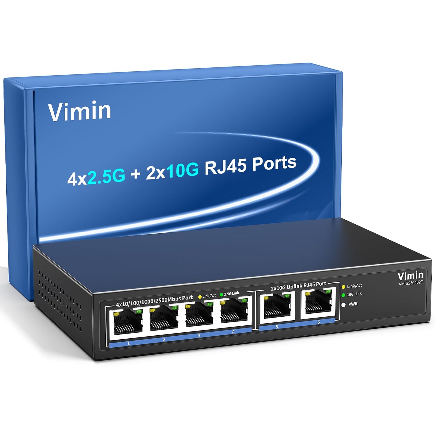 6-Port 10G/2.5G Ethernet Switch with Dual 10GBASE-T, Vimin 4X 2.5G +2 x 10Gb RJ45 Ports Unmanaged Switch, 60Gbps Capacity, 10G Switch Desktop/Wall