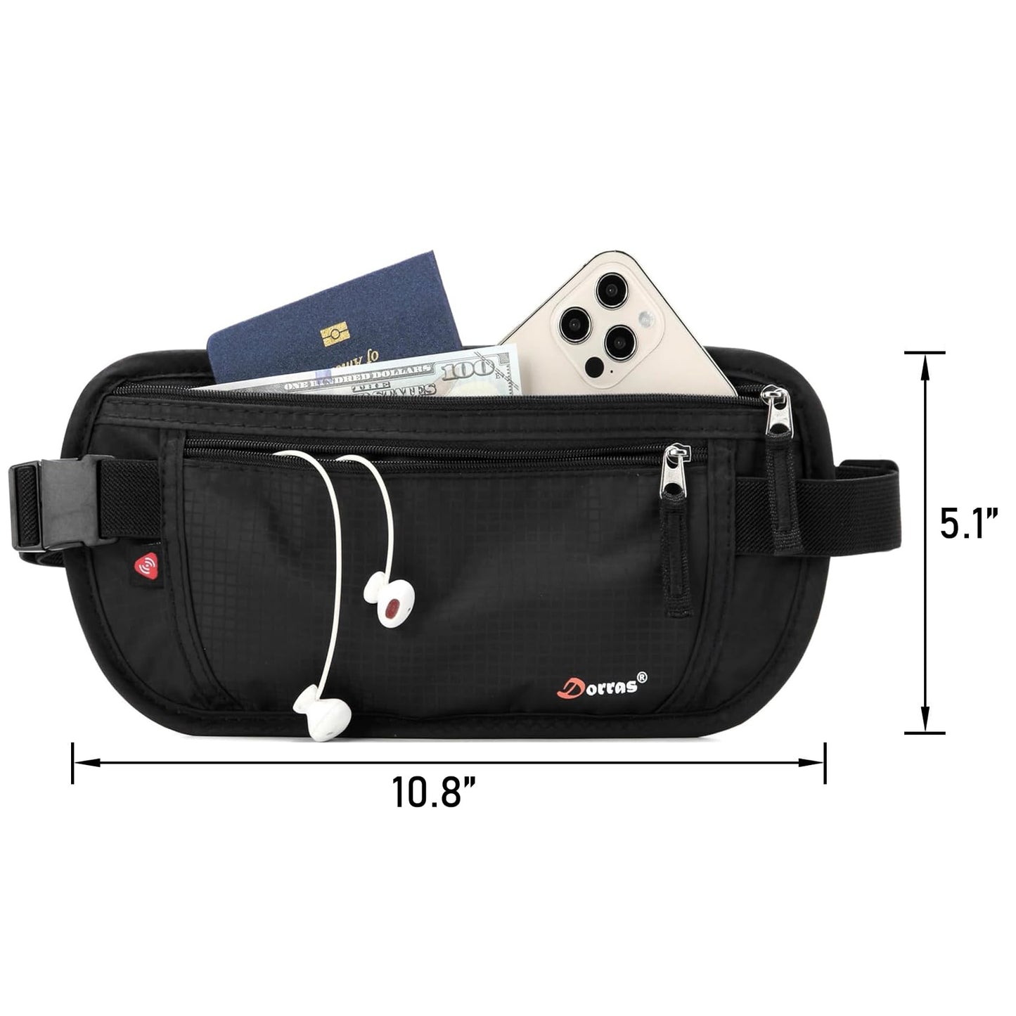 Money Belt - Passport Holder Security Hidden Slim Travel Wallet Fanny Pack with RFID Blocking - Black