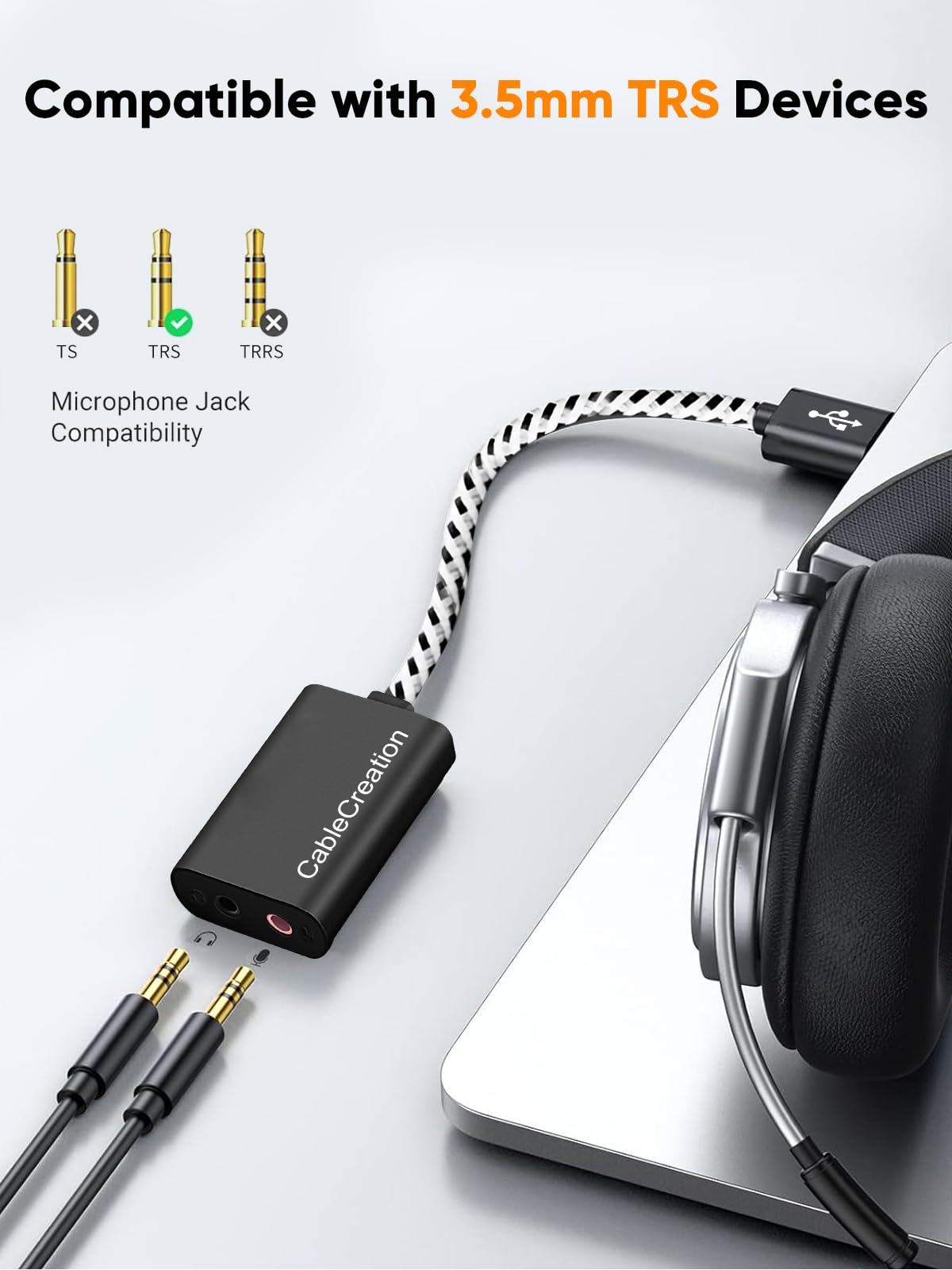 CableCreation USB Audio Adapter External Sound Card with 3.5mm Headphone and Microphone Jack Compatible with Windows, Mac, macOS, Linux, PS4, PS5