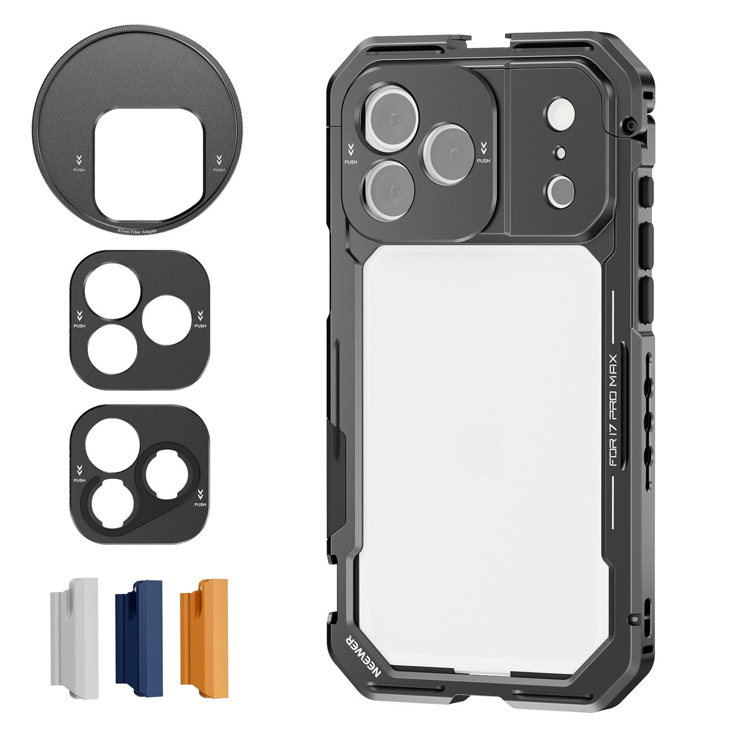 NEEWER Phone Cage Compatible with iPhone 17 Pro Max, Quick Release Video Rig Stabilizer Accessories with 67mm Filter Ring, 17mm Lens Backplate, T