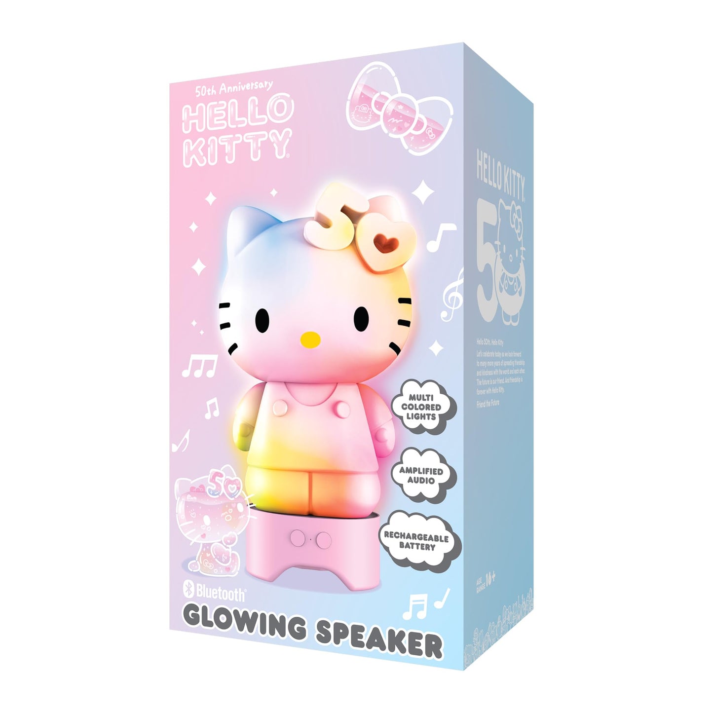 Hello Kitty 50th Anniversary Bluetooth Glowing Speaker - Multicolor LED Lights, Amplified Audio, Rechargeable Battery - Cute Portable Wireless Speaker