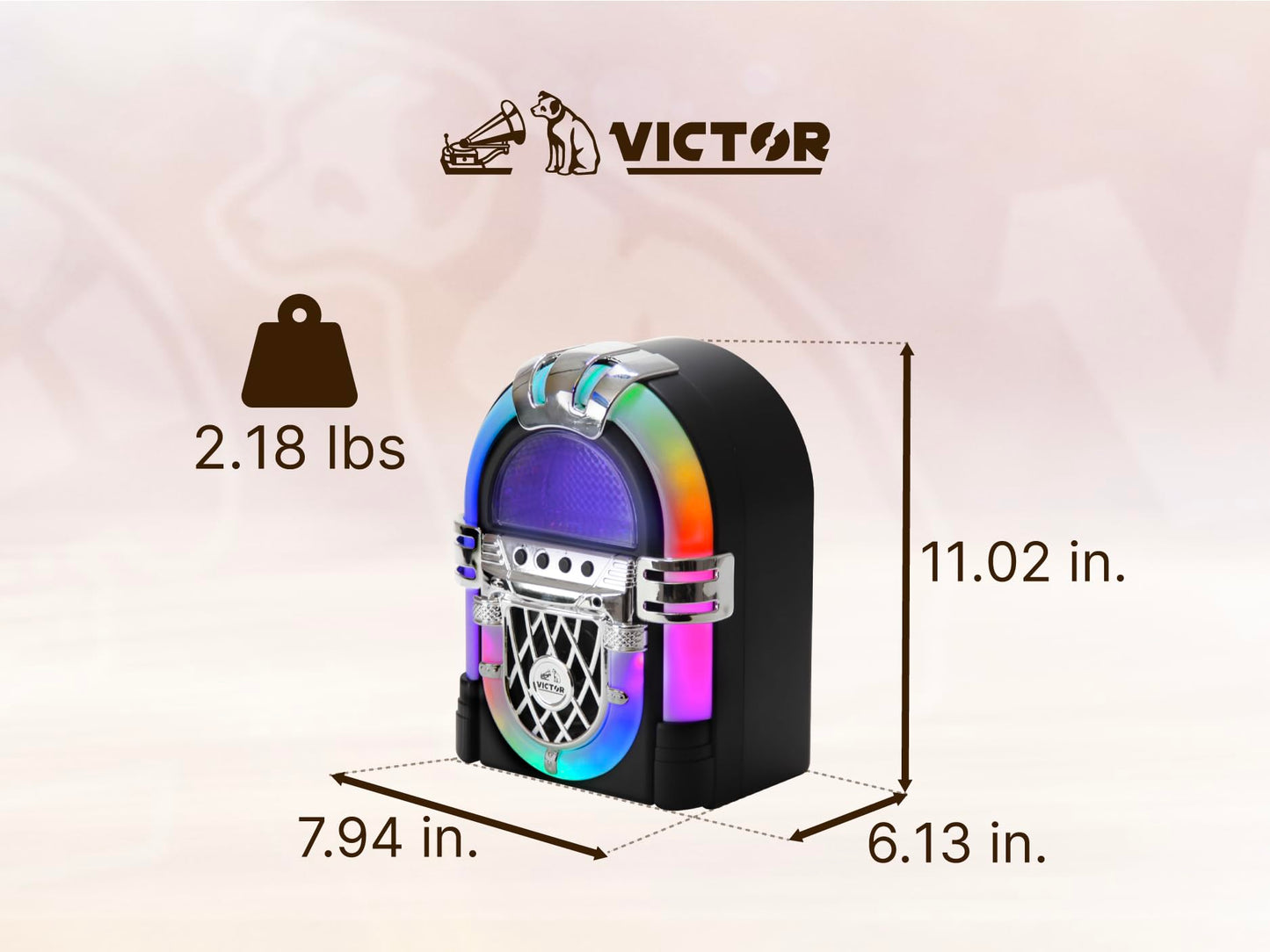 VICTOR VDTJ-1000 Mini Bluetooth Jukebox with Multicolor LED Lighting, Rechargeable Battery, Built-in Stereo Speaker, USB/SD Playback, and 3.5mm Aux