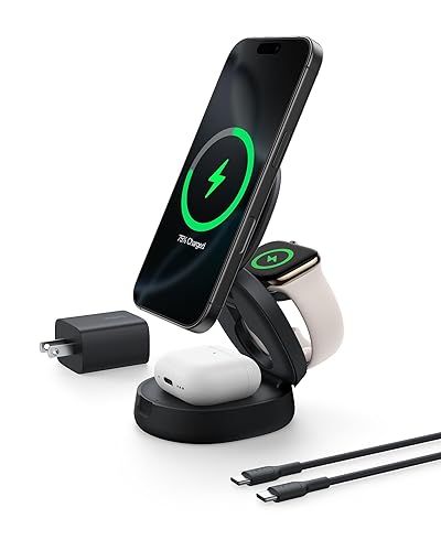 Belkin MagSafe Charger Compatible, 3-in-1 Qi2 15W Wireless Charging Station, Convertible Wireless Charger for iPhone 17, Apple Watch, AirPods, Pixel