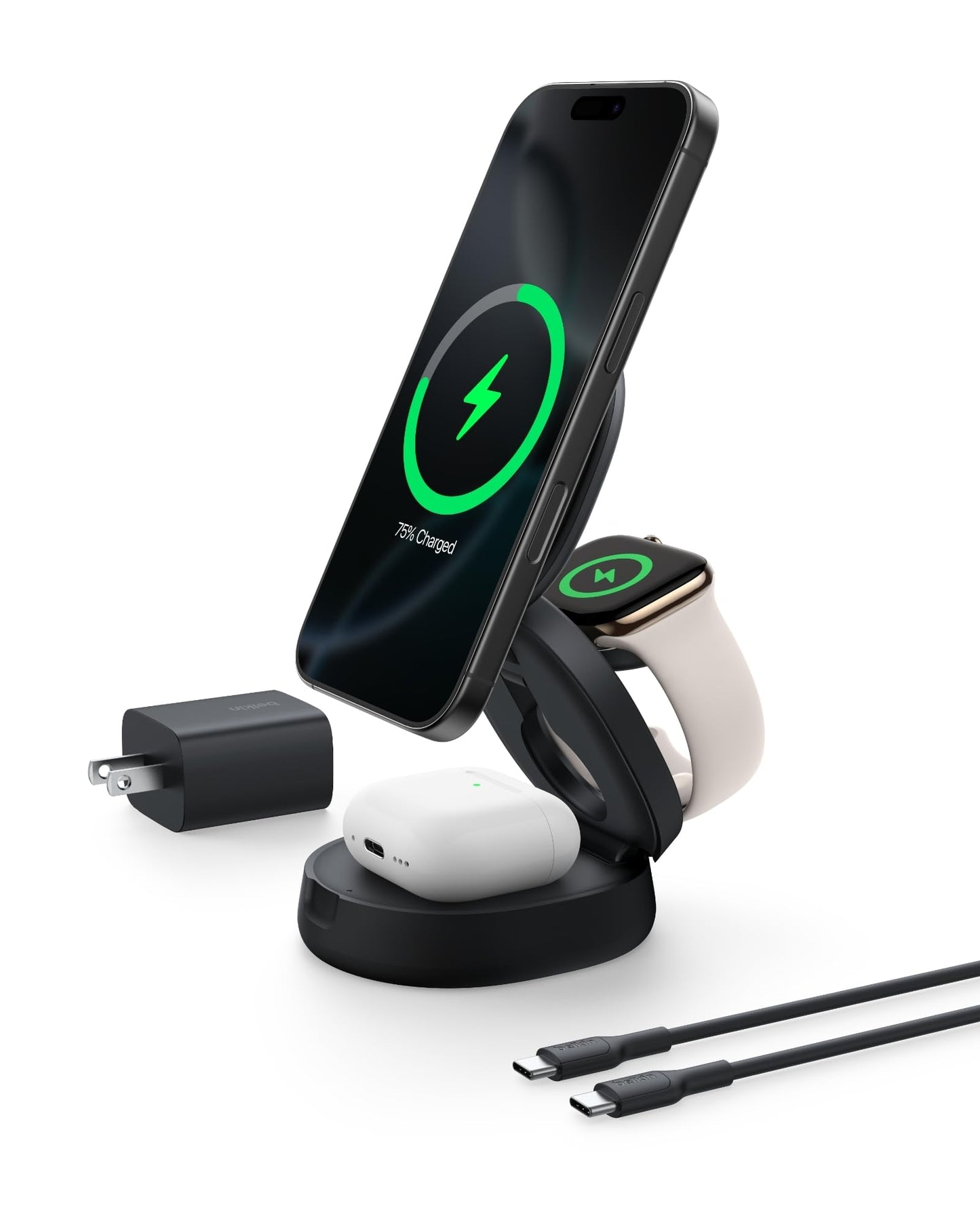 Belkin MagSafe Charger Compatible, 3-in-1 Qi2 15W Wireless Charging Station, Convertible Wireless Charger for iPhone 17, Apple Watch, AirPods, Pixel
