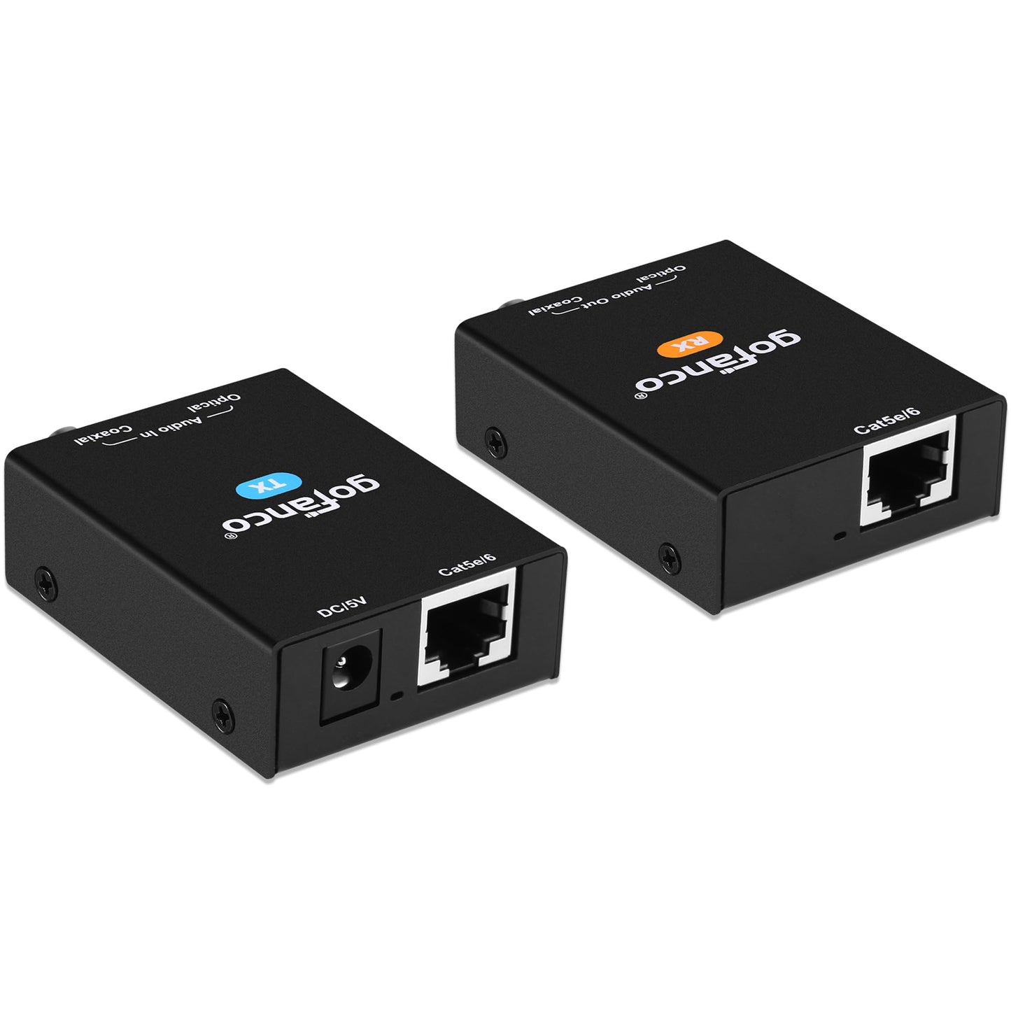 gofanco Audio Extender Over CAT5e / CAT6 Ethernet Balun - Coaxial/Optical Toslink Digital, 984ft (300m) Extension, PoC, 5.1-Channel, Supports Dolby